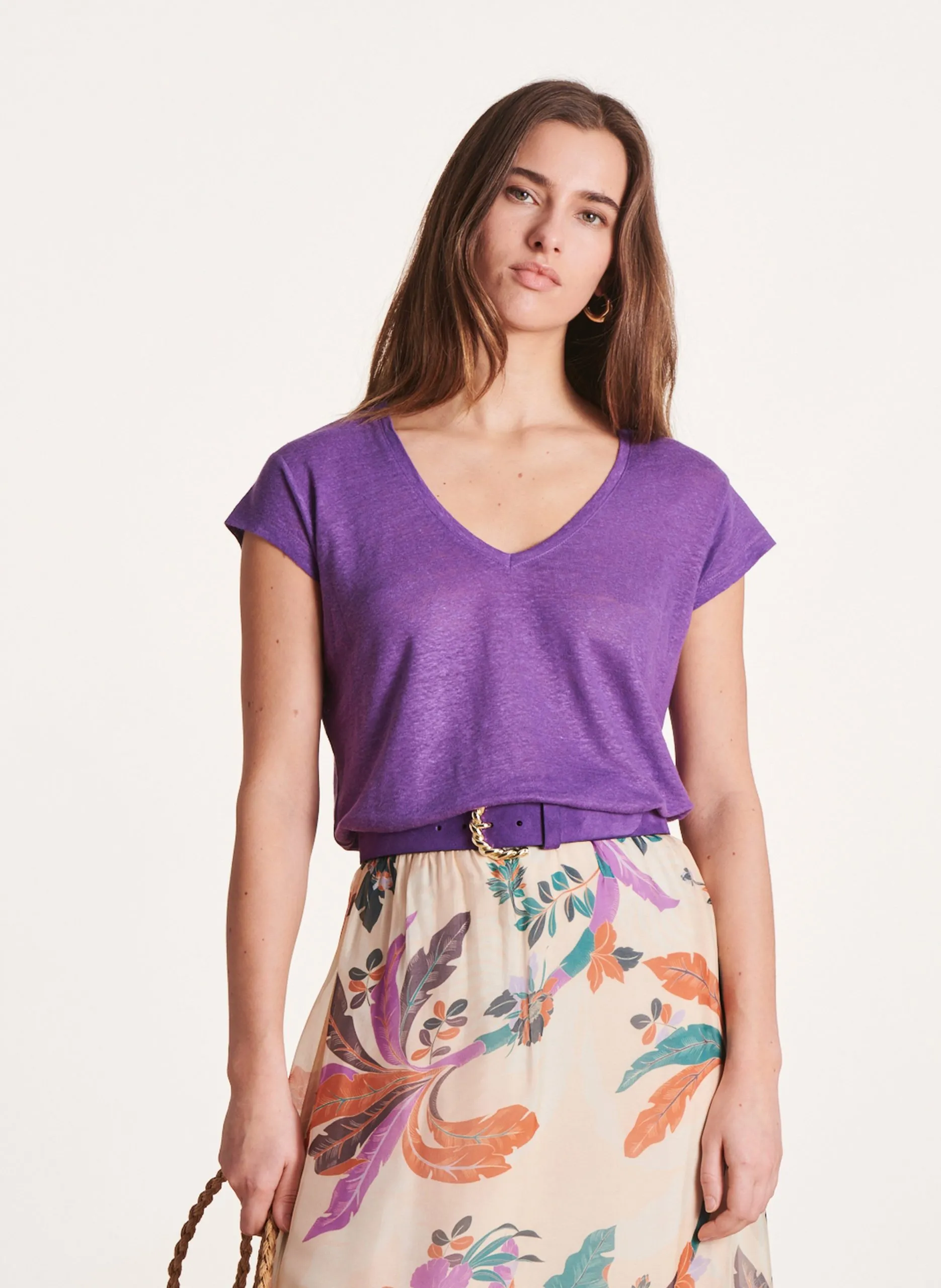 Tee-shirt col V en lin Violet