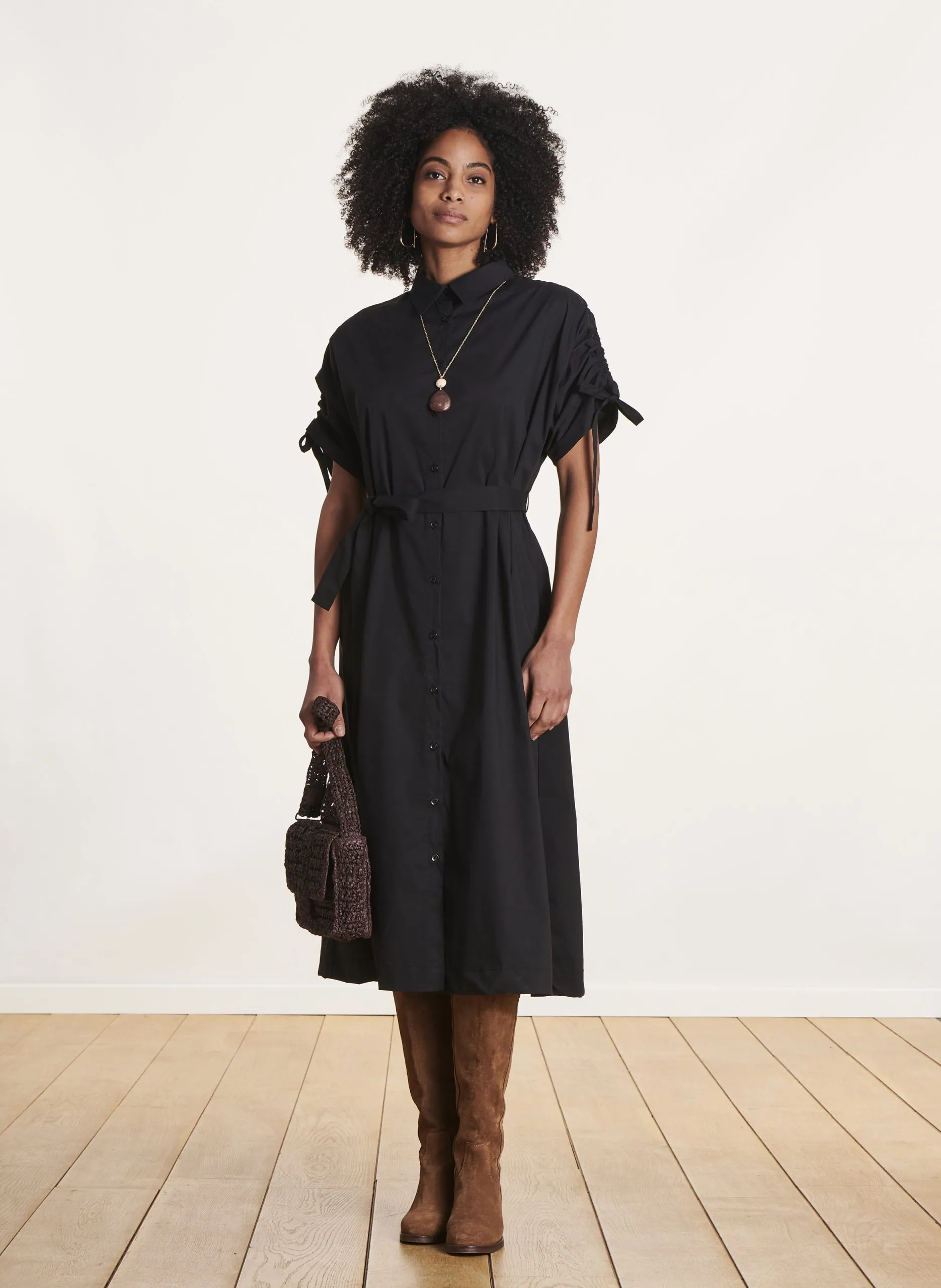 Robe midi col chemise en coton mélangé Noir