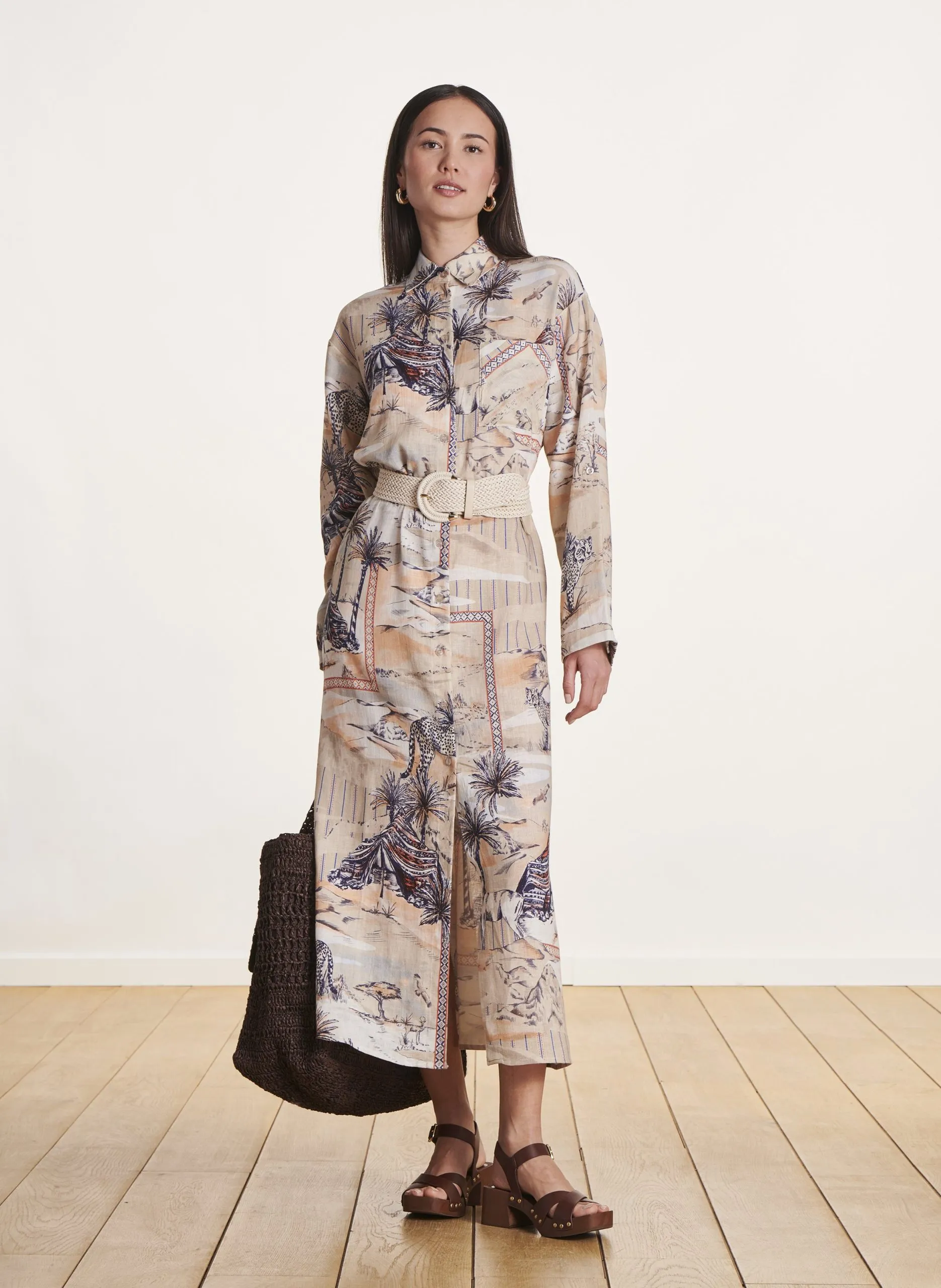 Robe midi col classique Beige