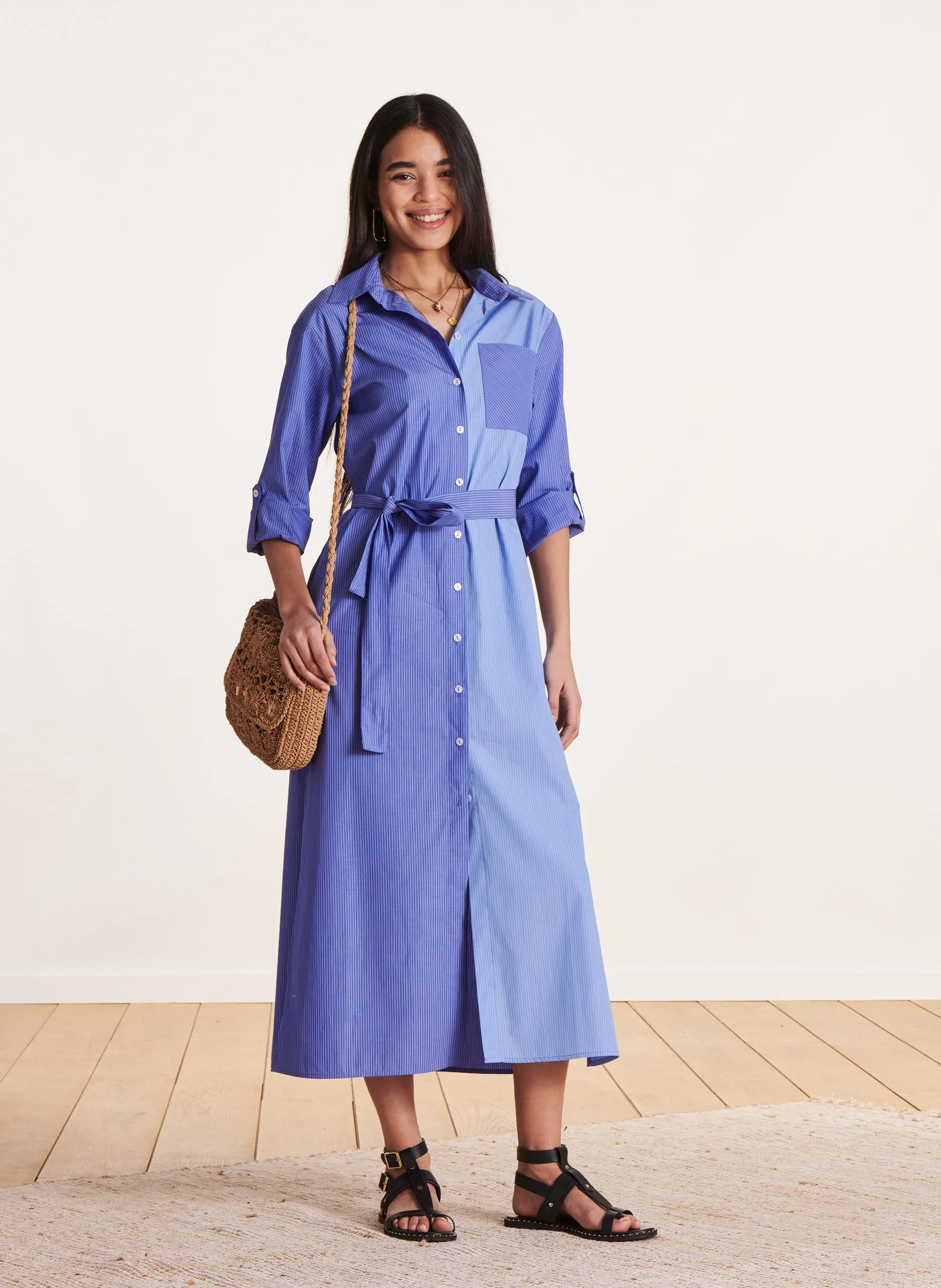 Robe midi col classique en coton Bleu