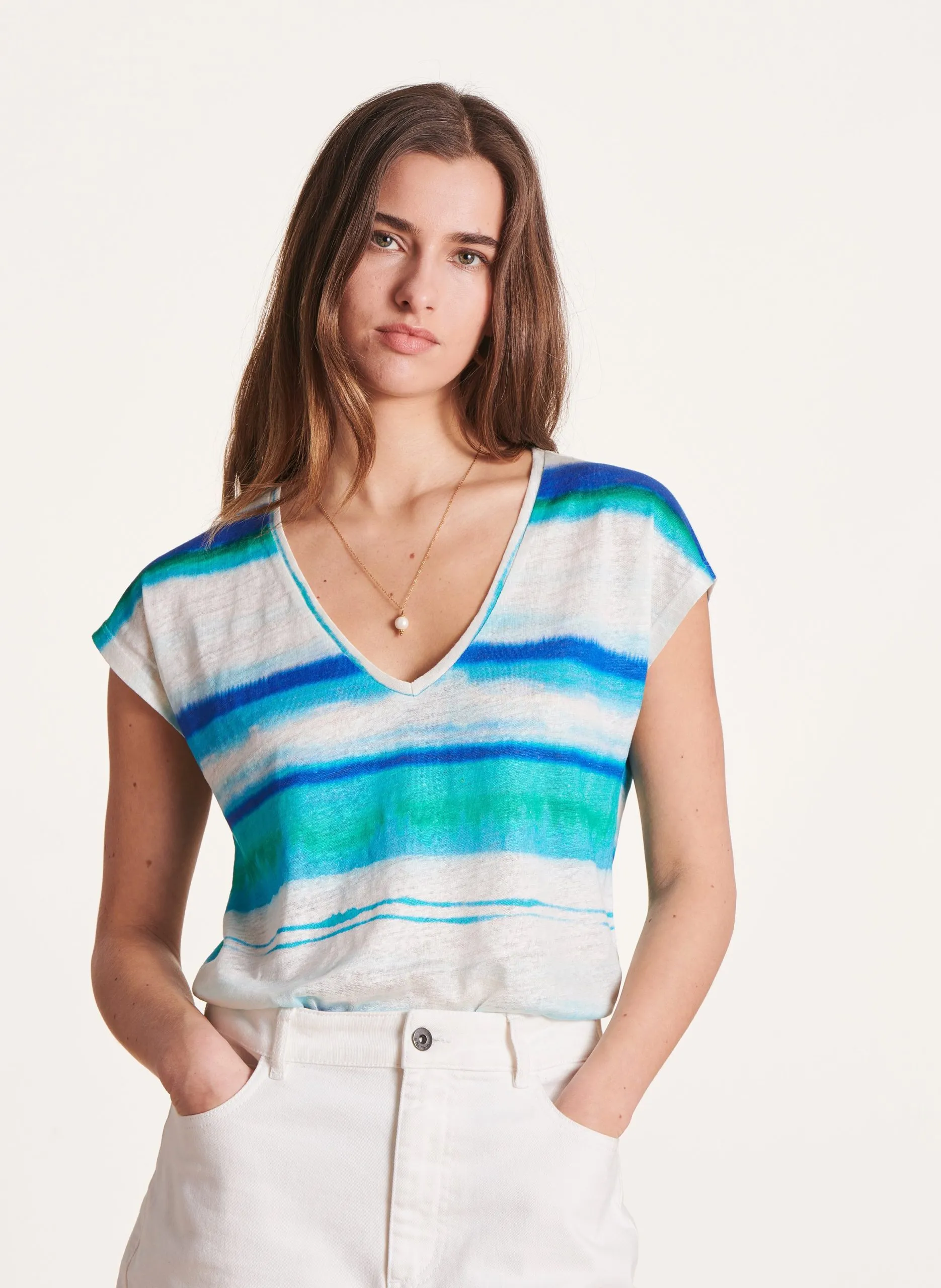 Tee-shirt col v imprimé tie and dye en lin Bleu