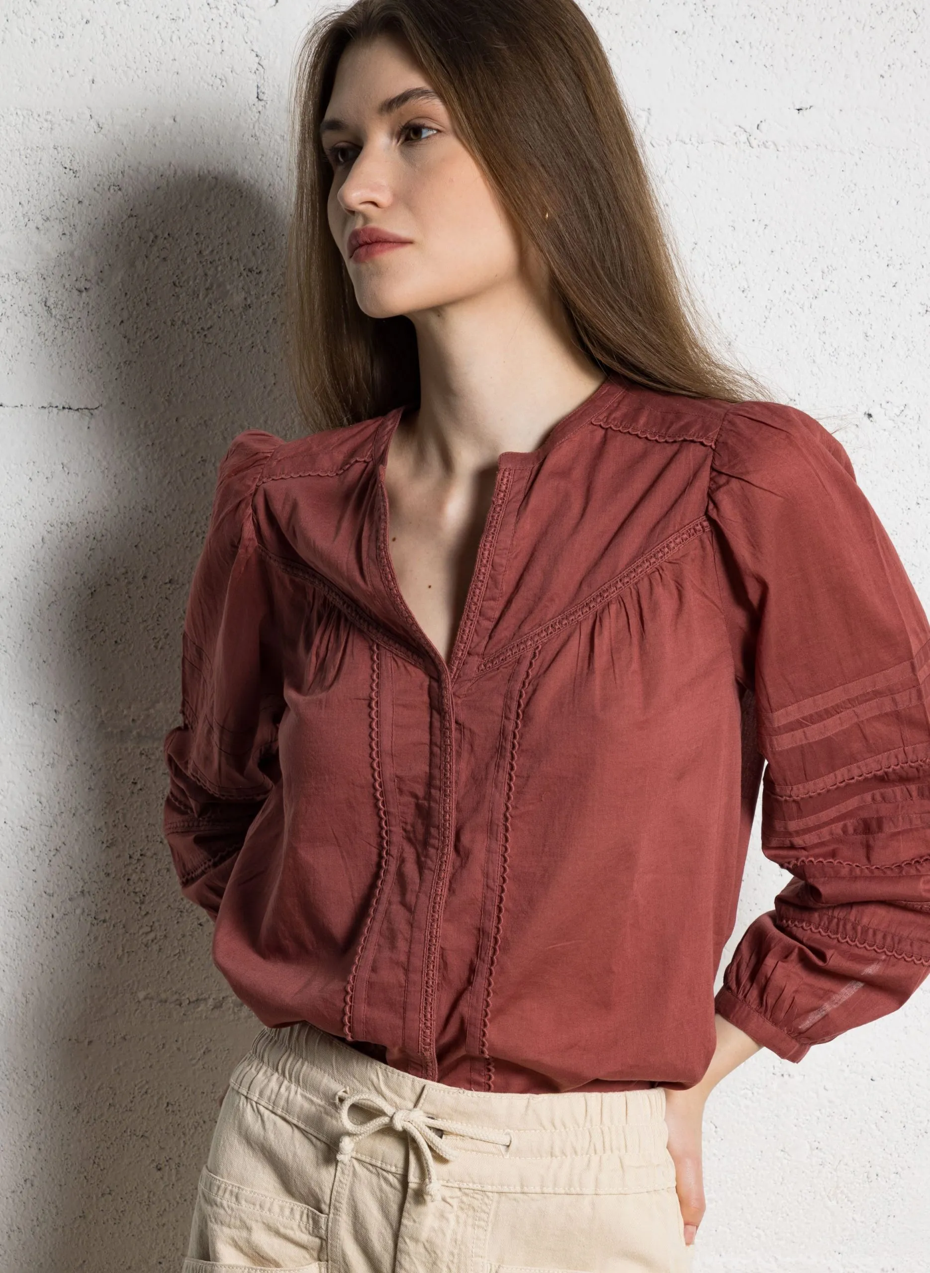 Blouse col tunisien en coton Rose YILLA