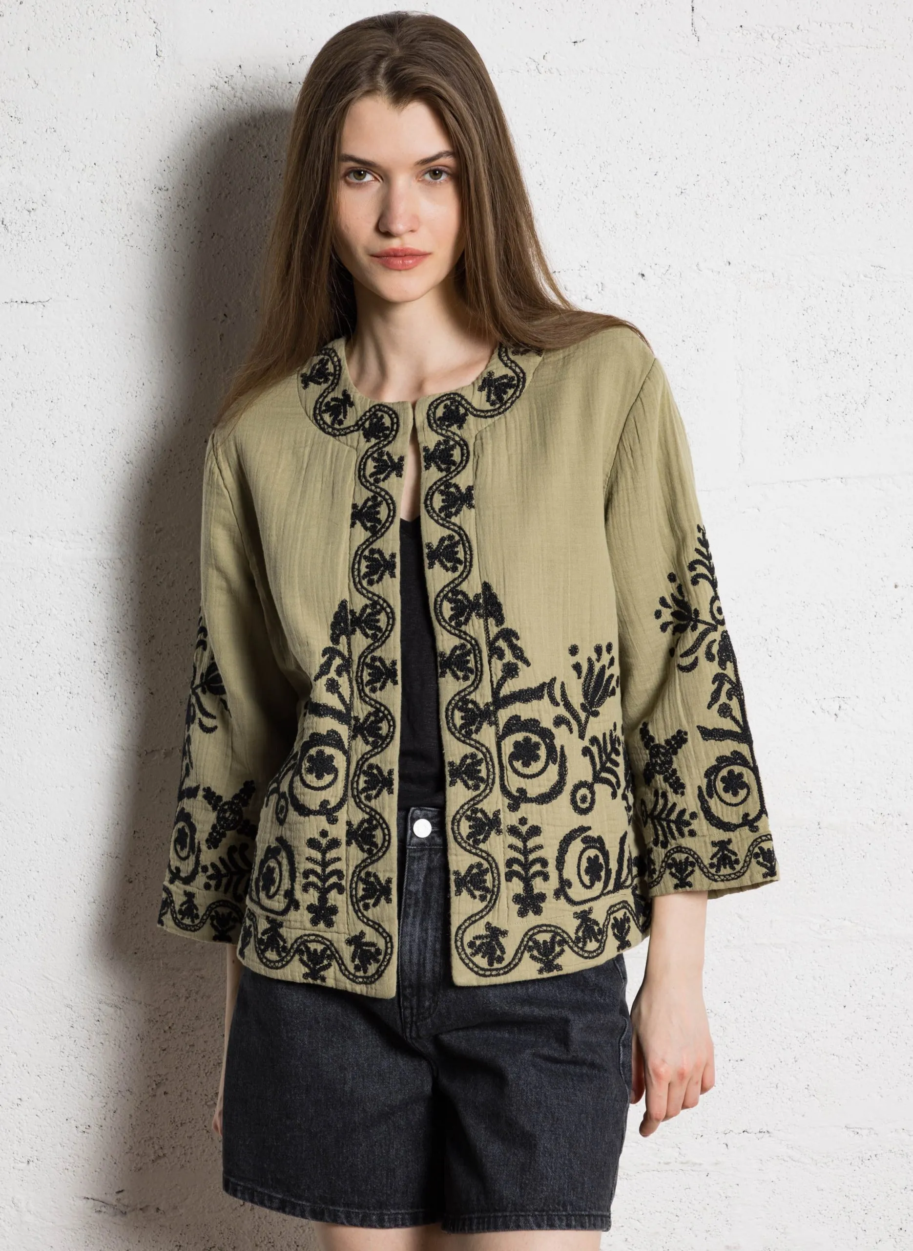 Veste ample col rond en coton Vert NATALYA