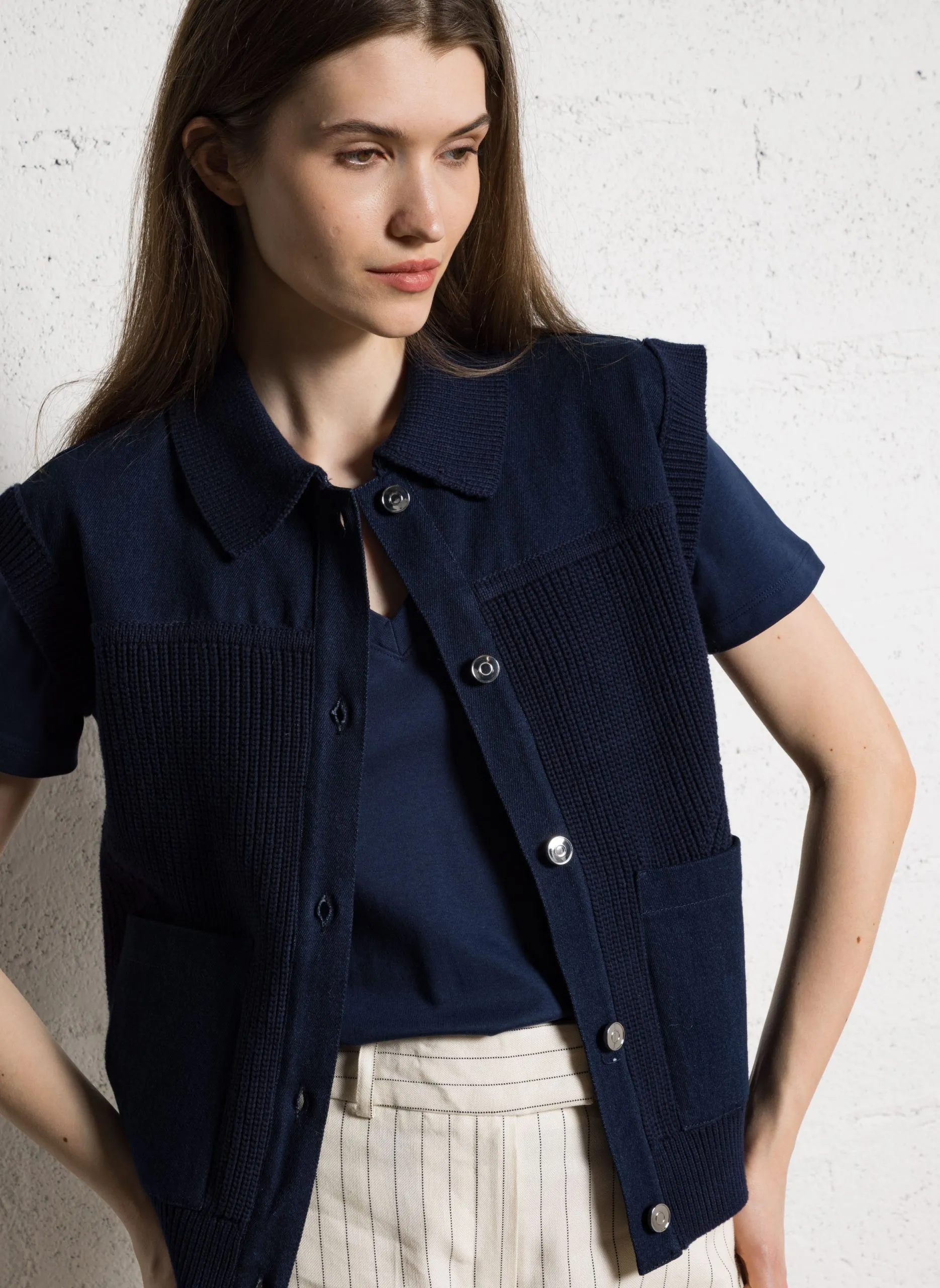 Gilet col classique en coton Bleu SOAN