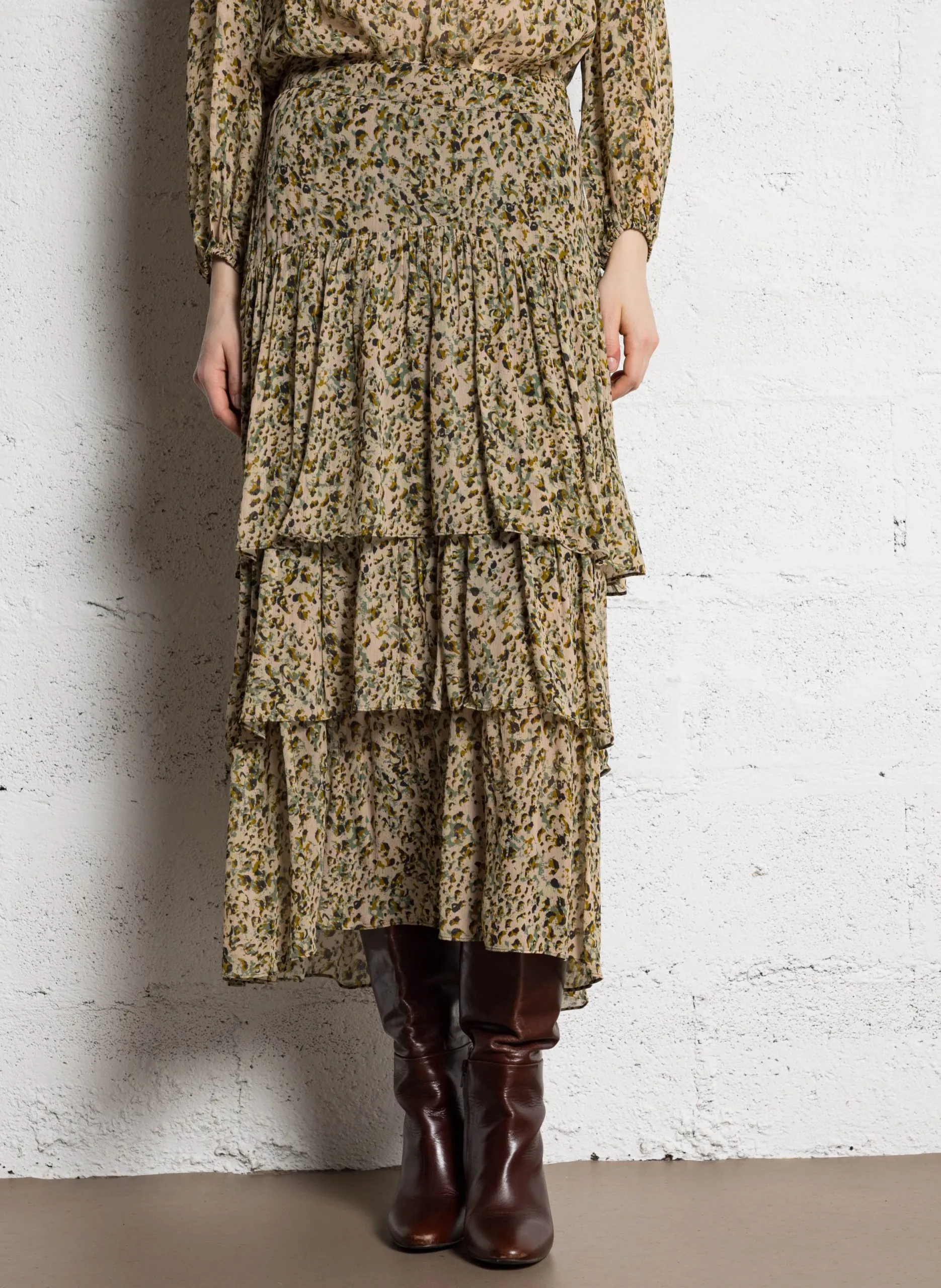 Jupe midi imprimé à volants Beige COCCIE