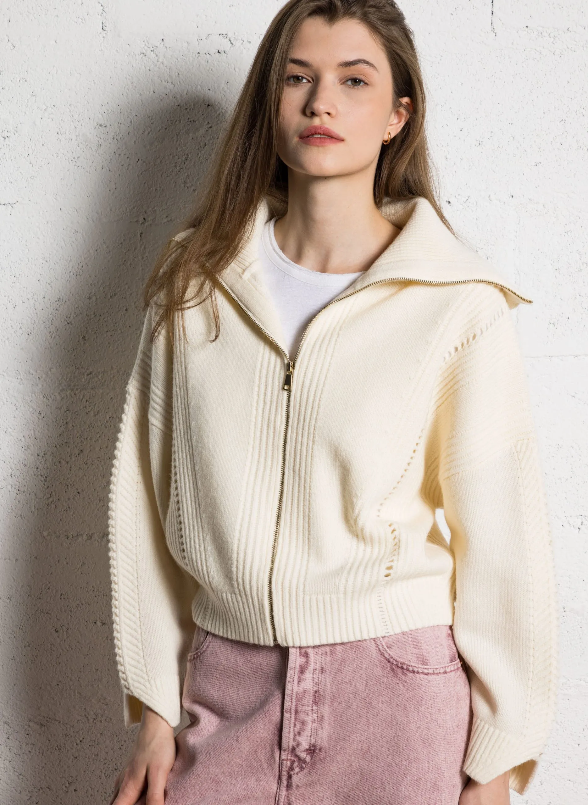 Gilet oversize col roulé en laine Beige PRINCE