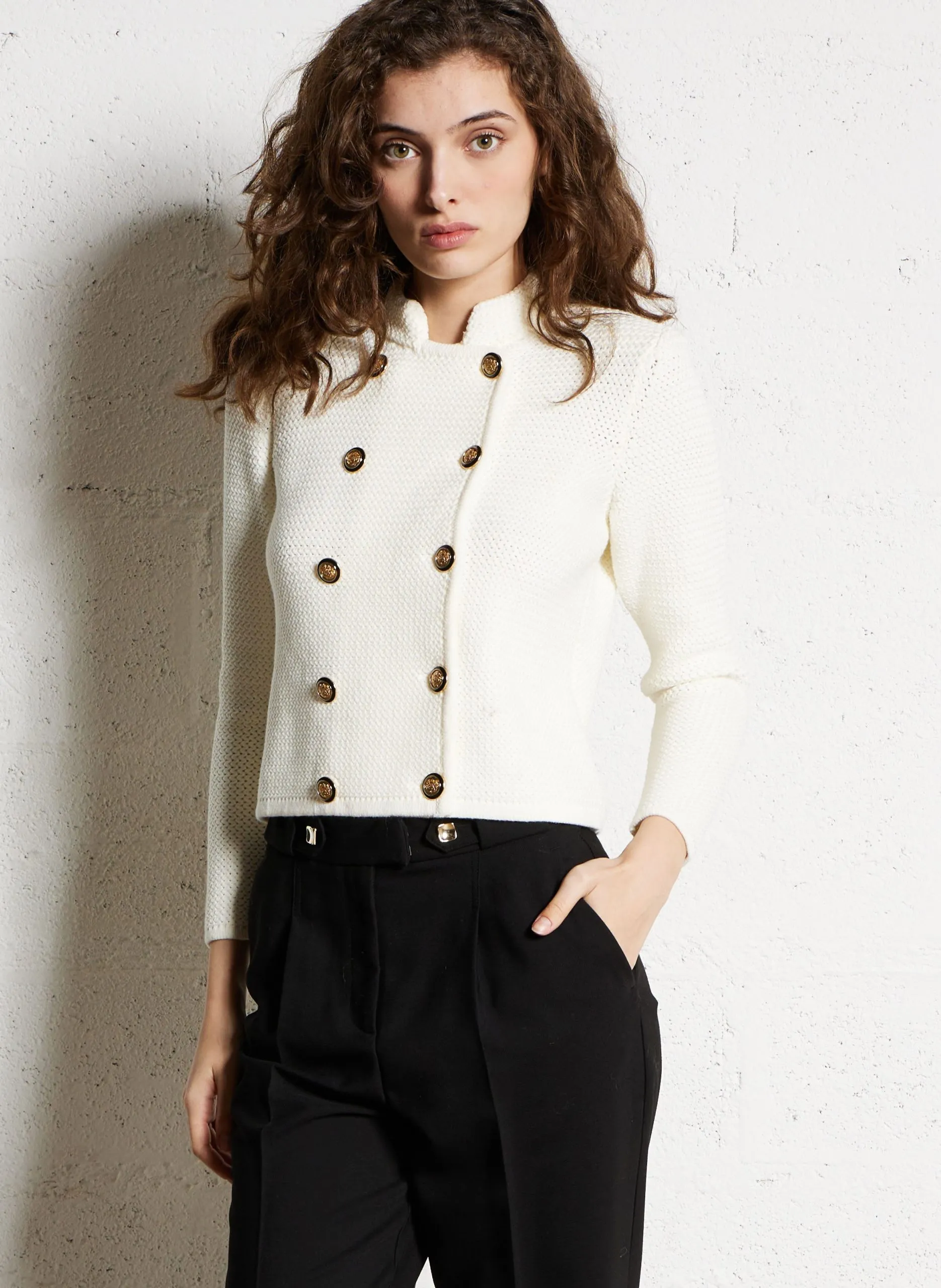 Cardigan court droit en coton mélangé Beige LOUMAN