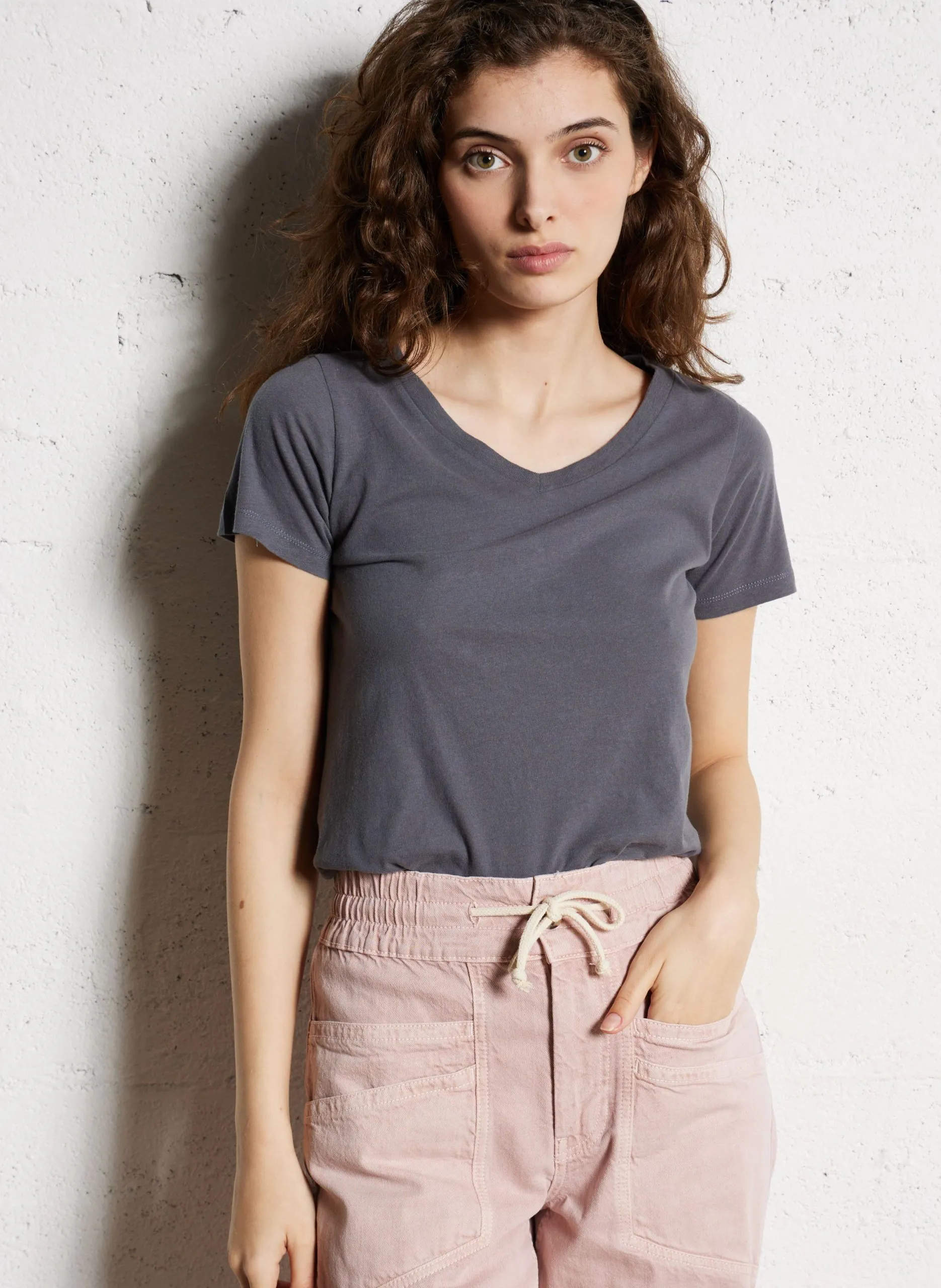 Tee-shirt col V en coton Gris GAMIPY