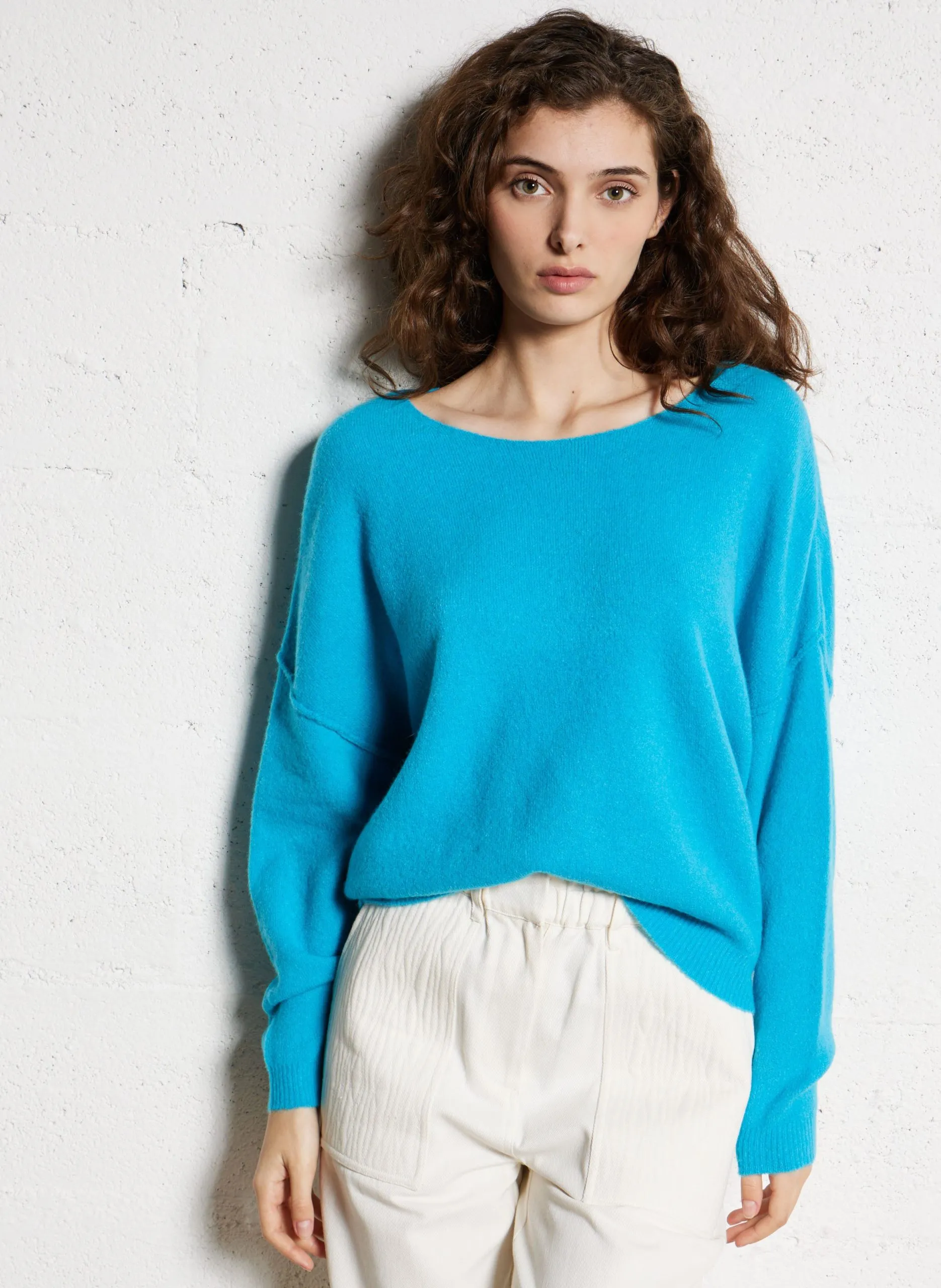 Pull ample à col bateau en maille duveteuse Bleu DAMSVILLE