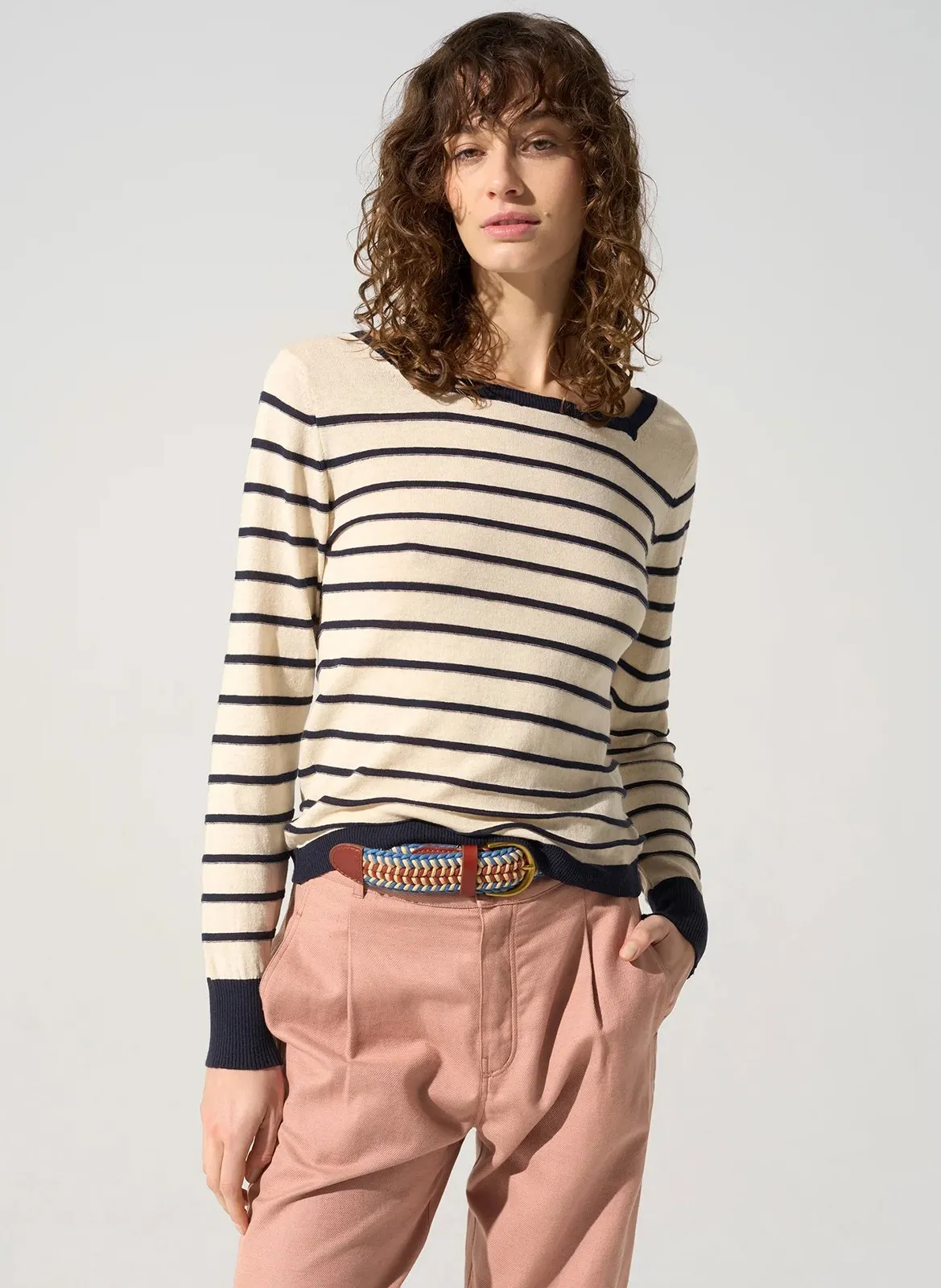 Pull à encolure ronde en coton et en lin mélangés Blanc