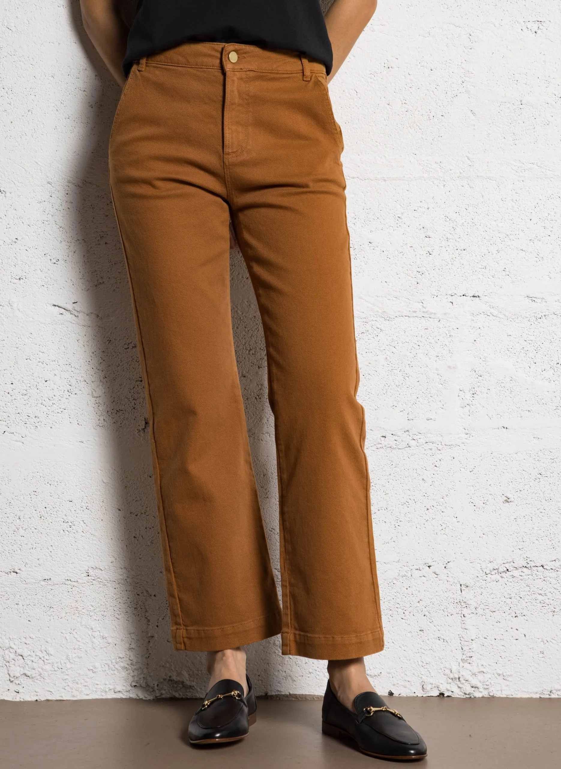 Jean droit taille haute en coton mélangé Marron