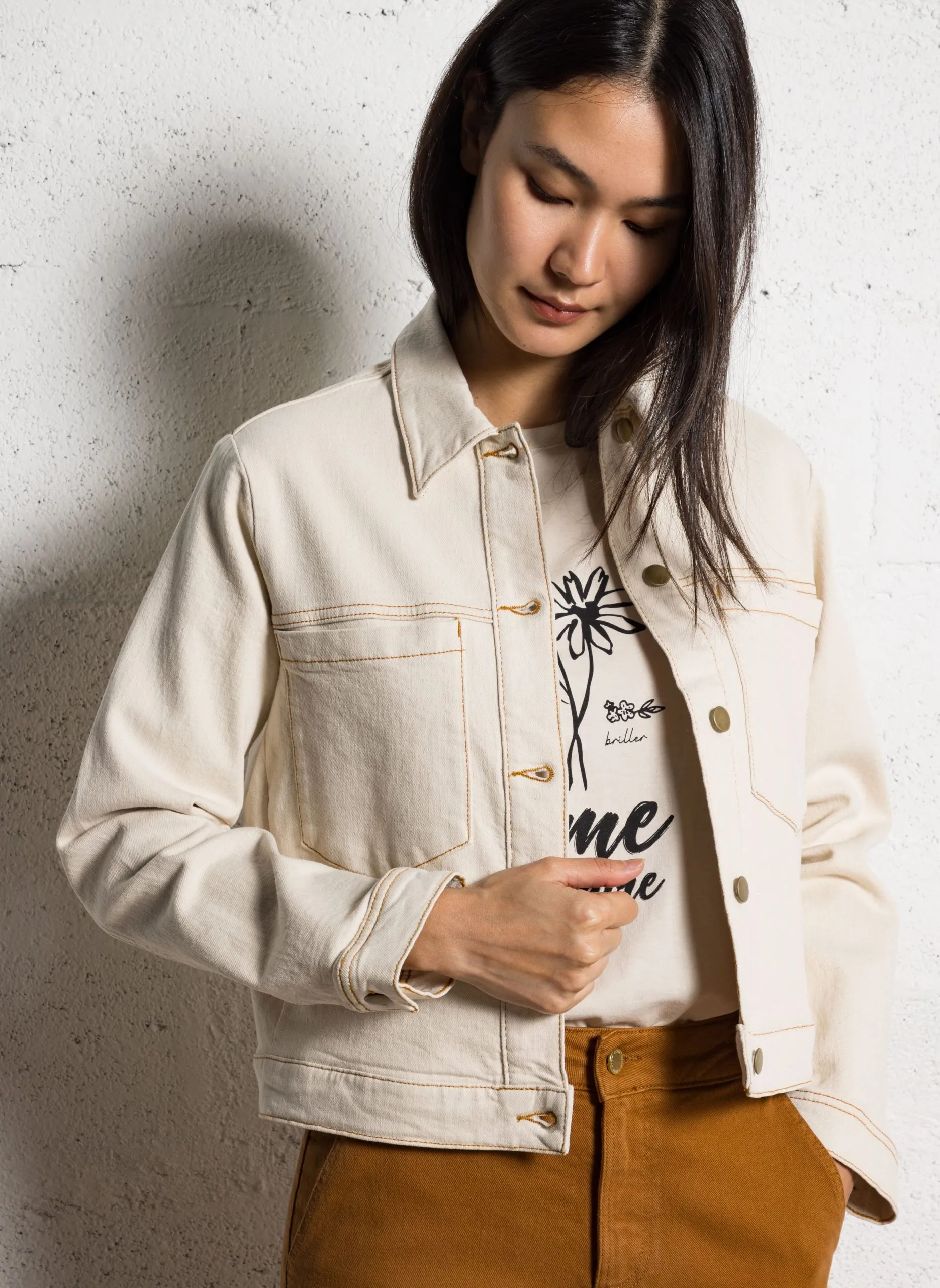 Veste droite col classique en coton mélangé Blanc