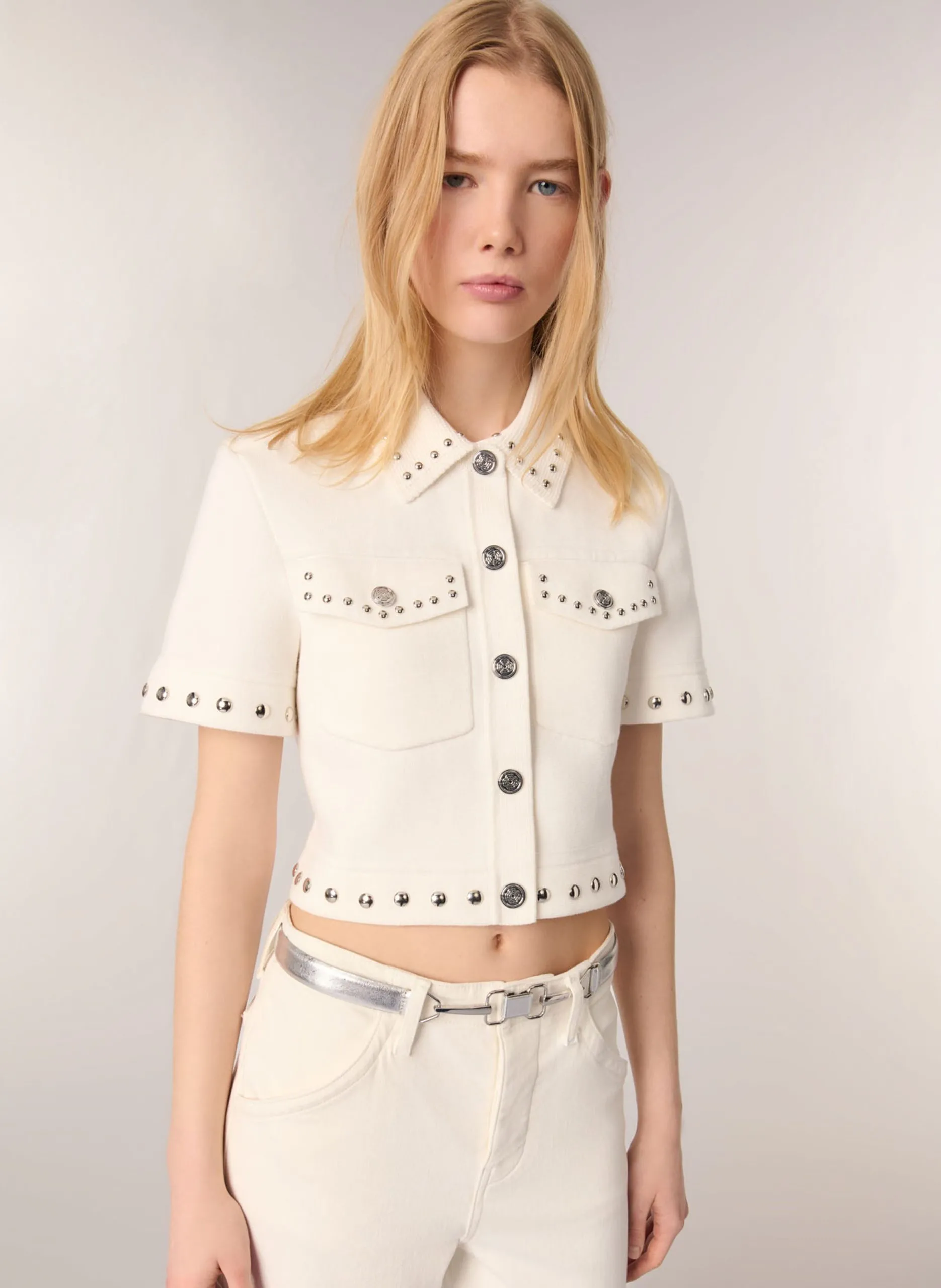 Cardigan droit col classique en coton mélangé Beige