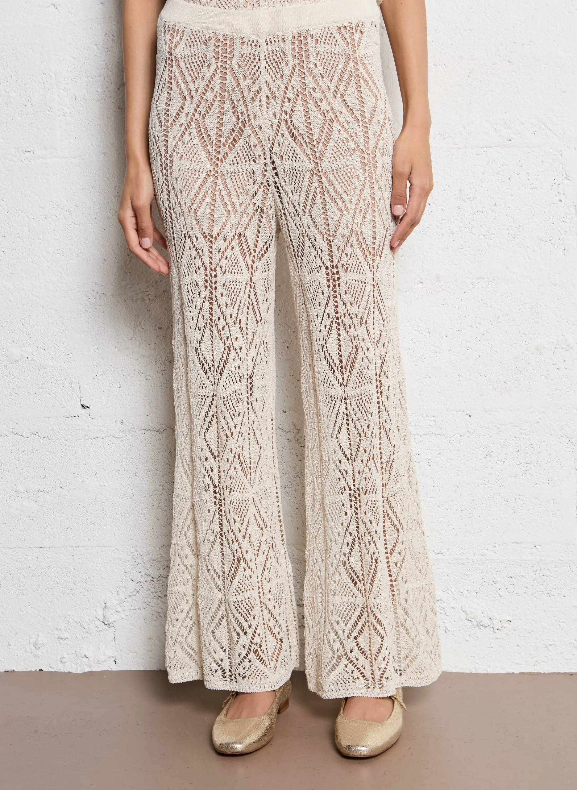 Pantalon évasé en coton mélangé Beige