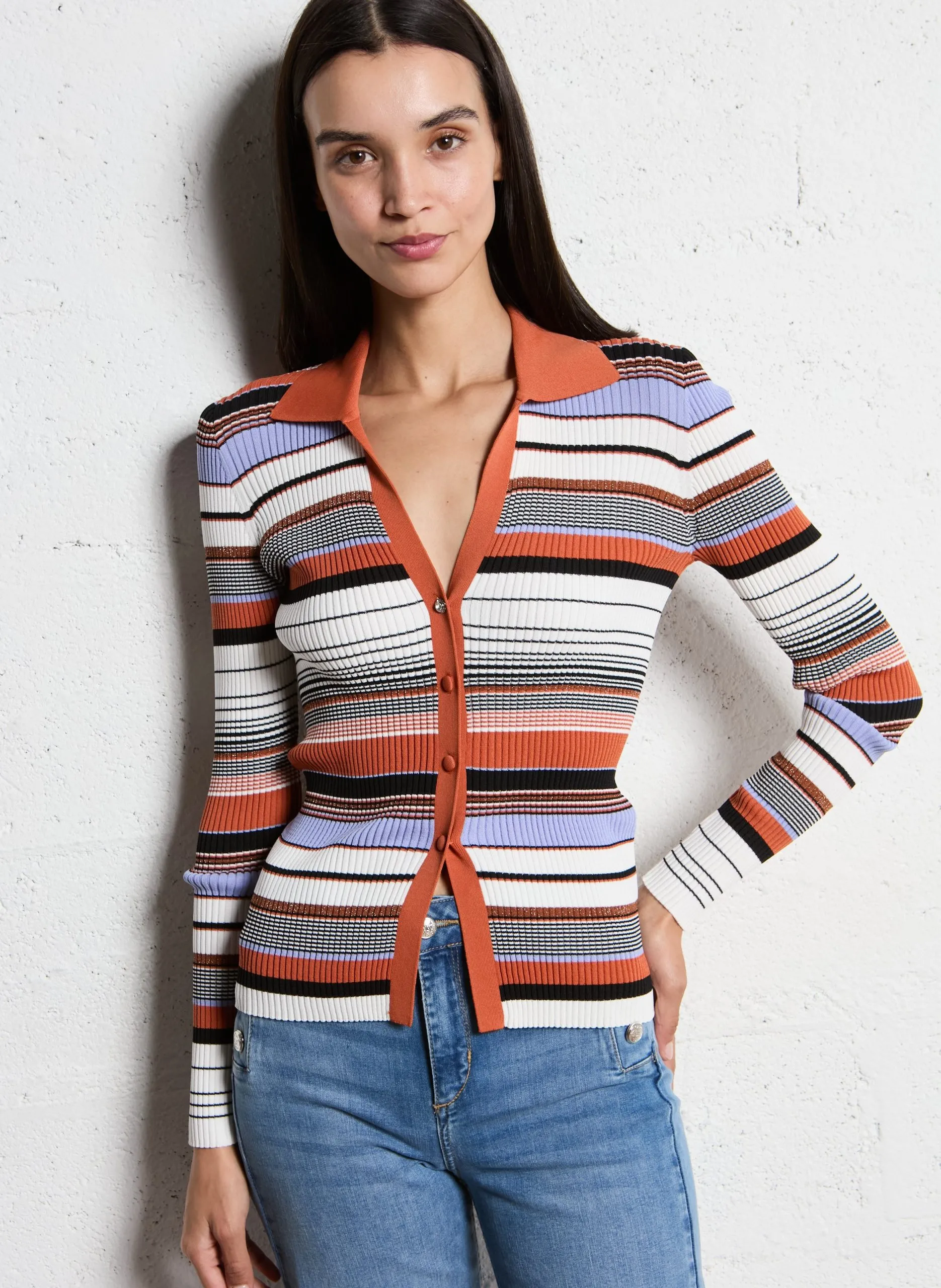 Top col V à rayures Multicolore