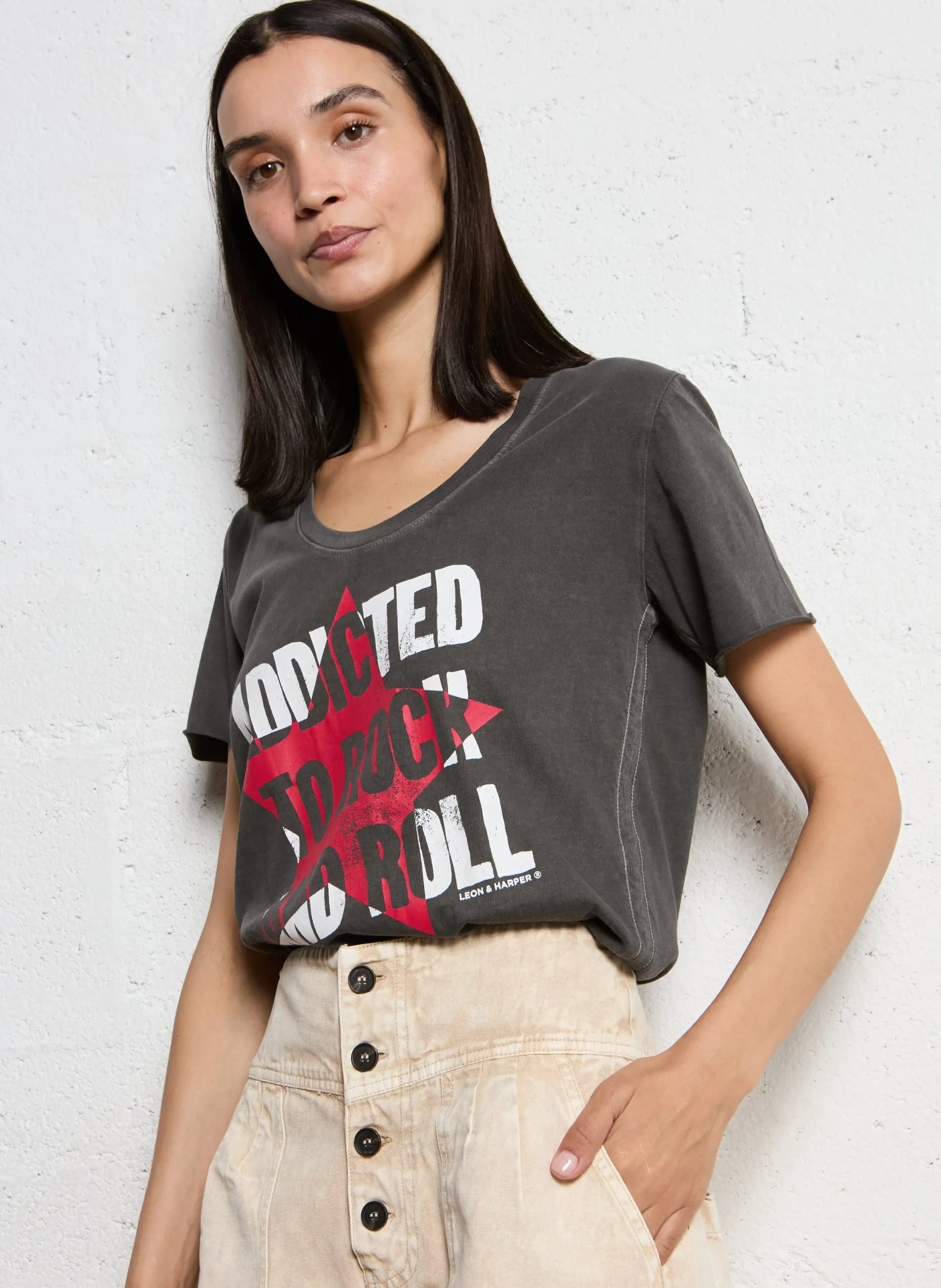 Tee-shirt col rond en coton Gris TIZIA