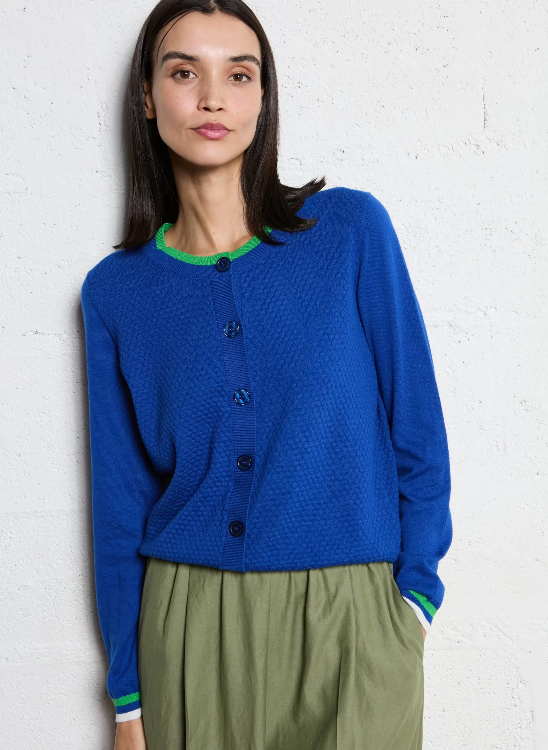 Cardigan col rond en coton mélangé Bleu JAMIE