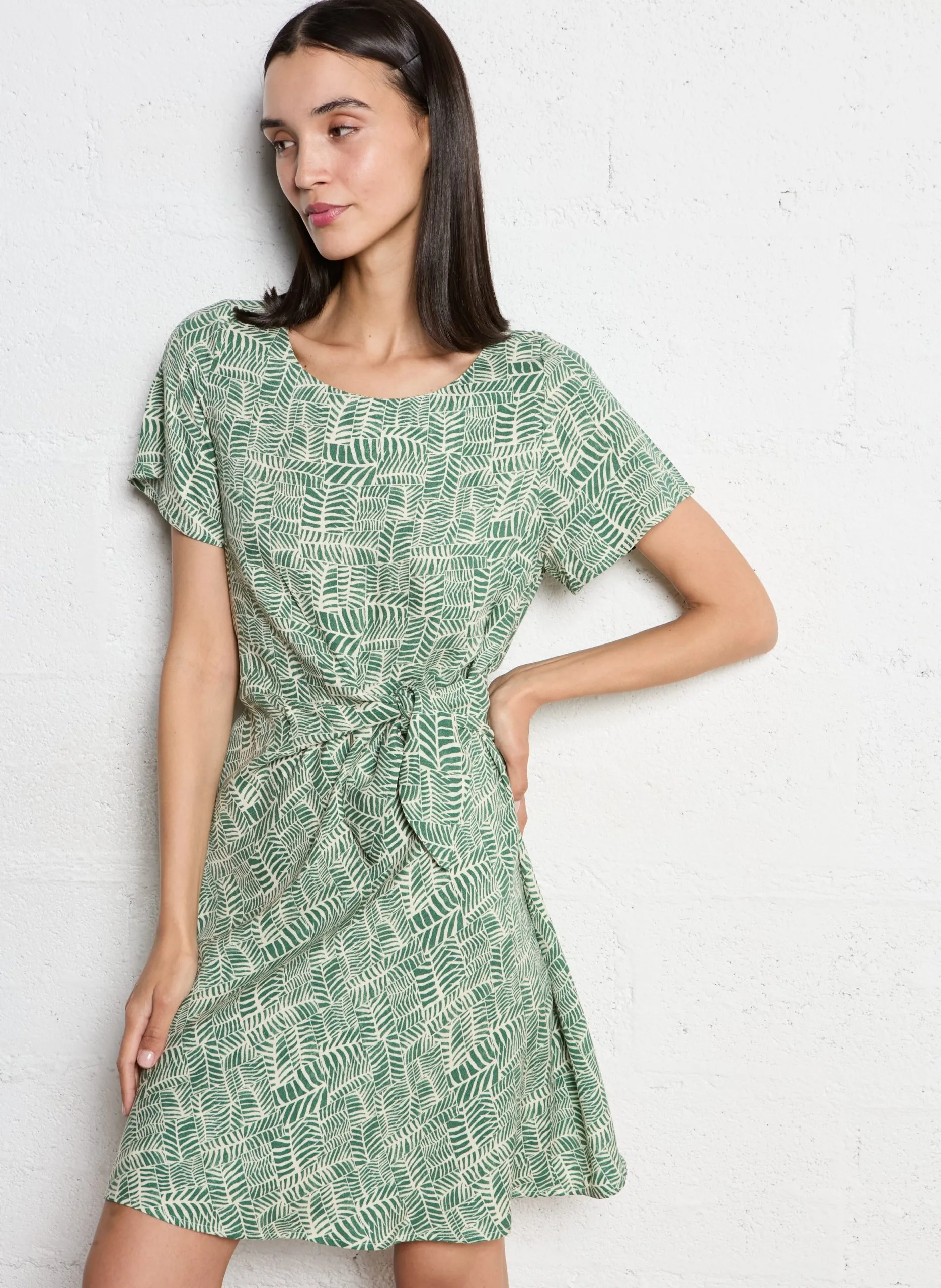 Robe courte col rond imprimée Vert RAMI