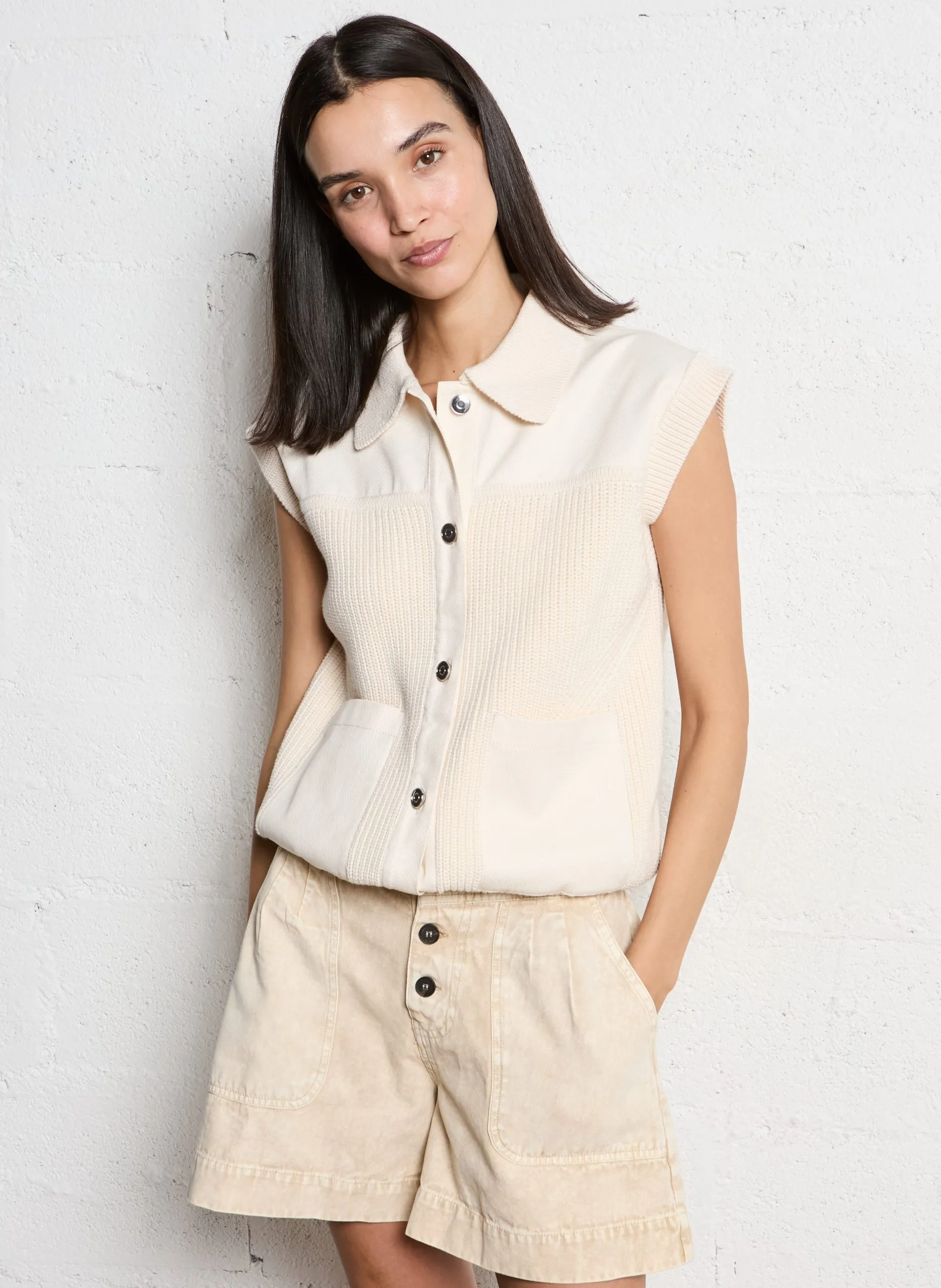 Gilet col classique en coton Beige SOAN