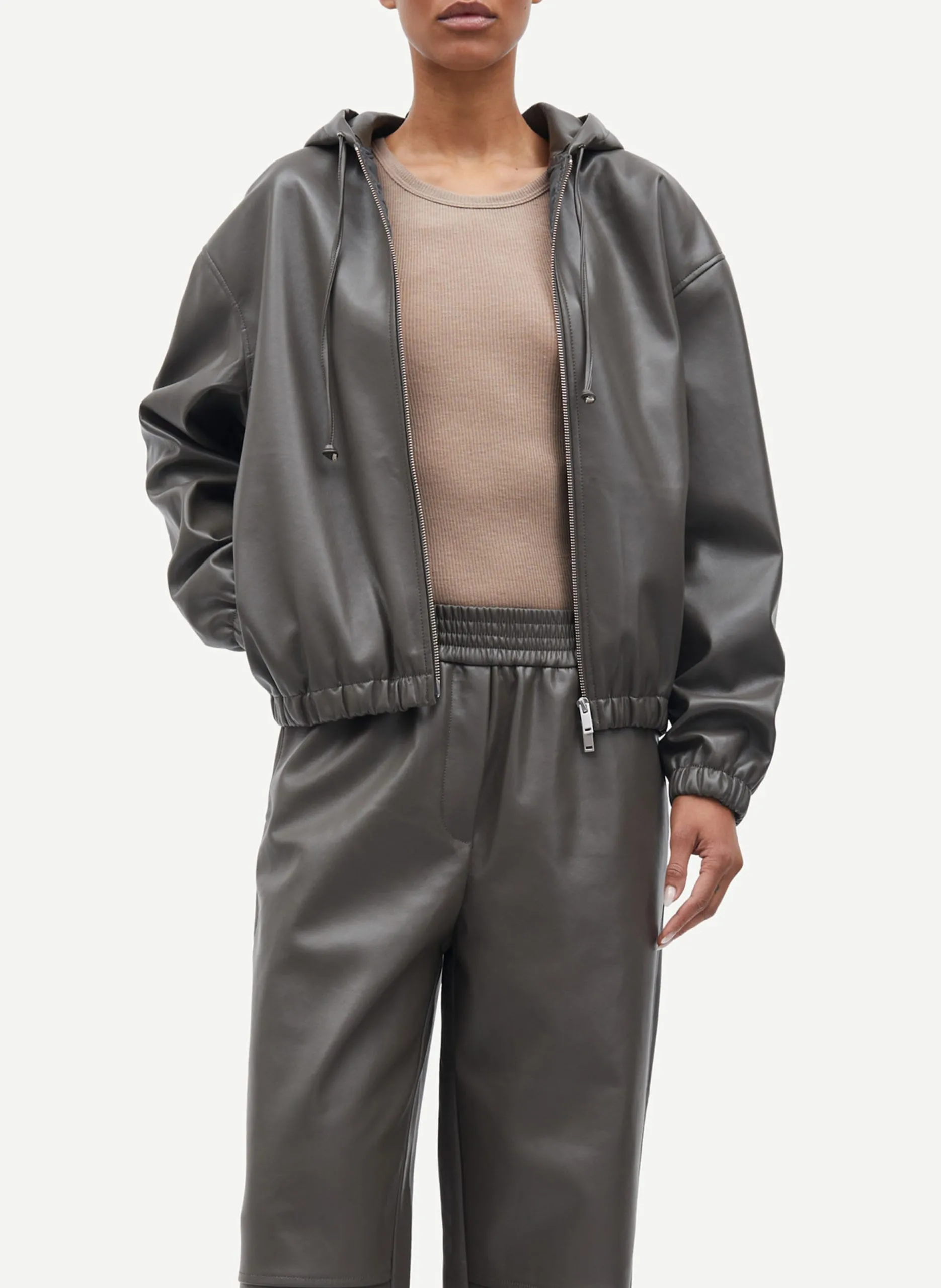 Blouson à capuche en cuir Beige SAVANA