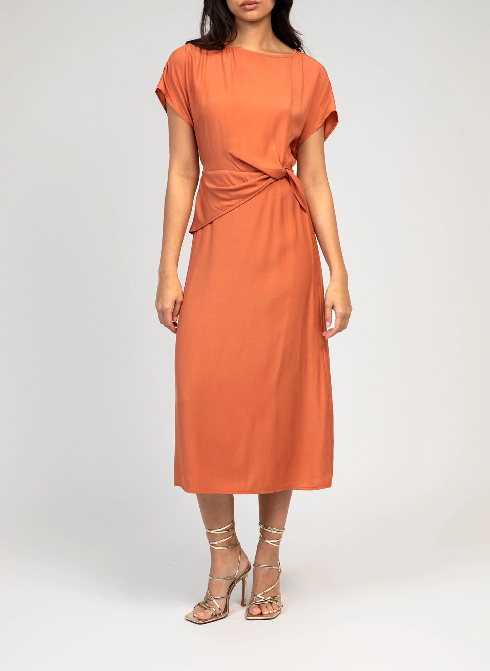 Robe midi drapée manches courtes Orange MOAVIL