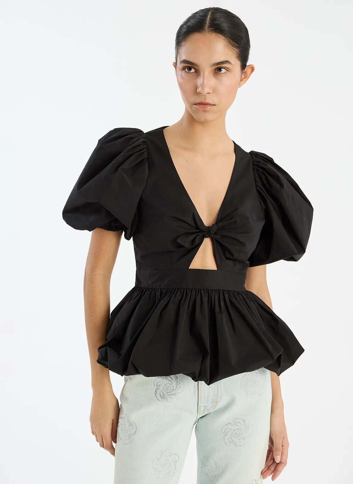 Top droit en coton mélangé Noir