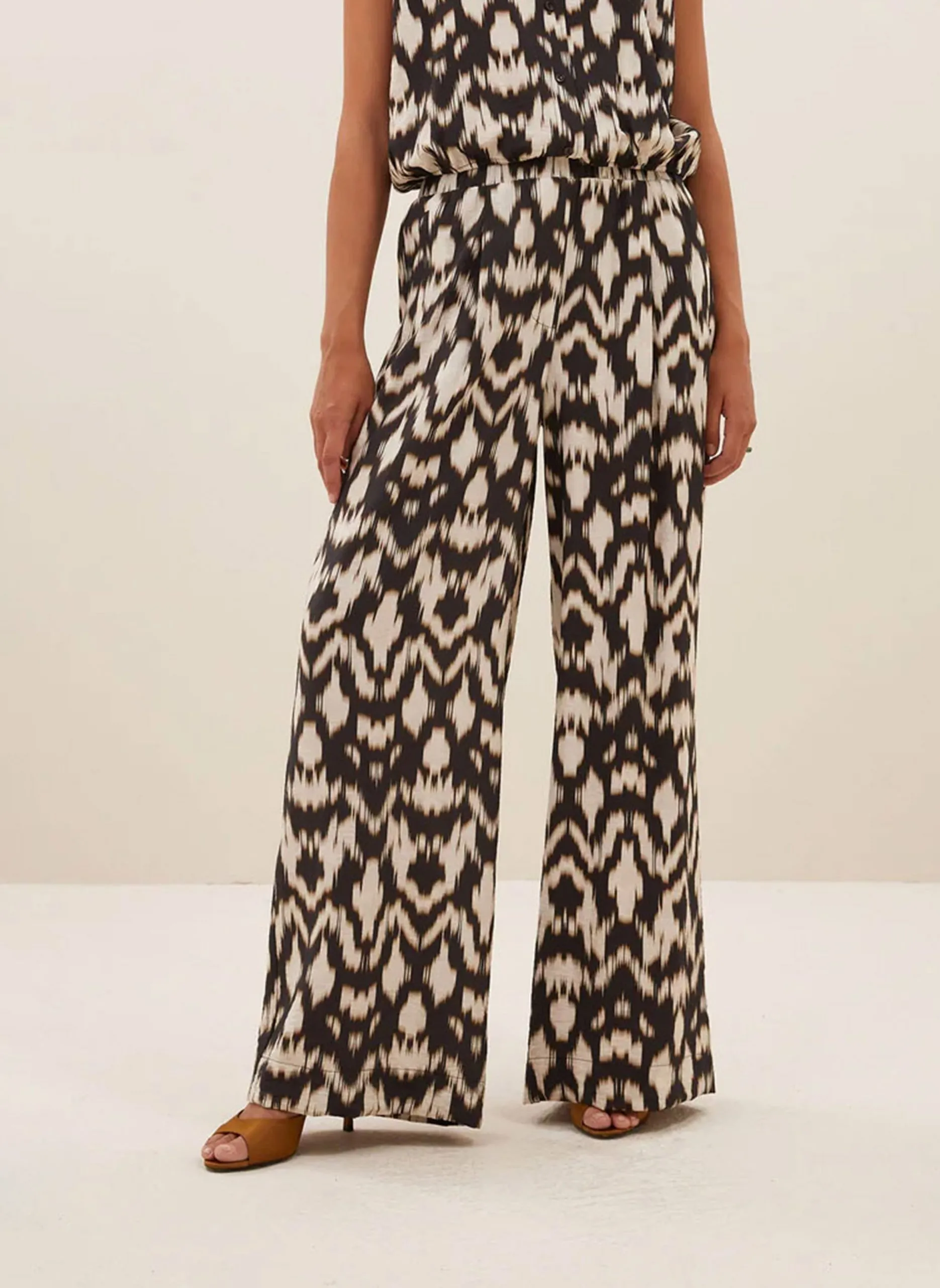 Pantalon large taille haute à motifs Marron BENJI