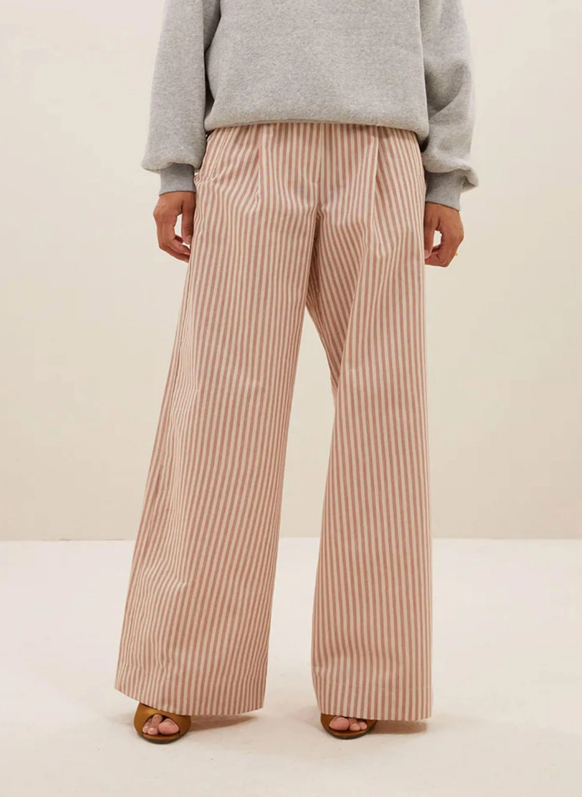 Pantalon taille haute à rayures Marron BENJI