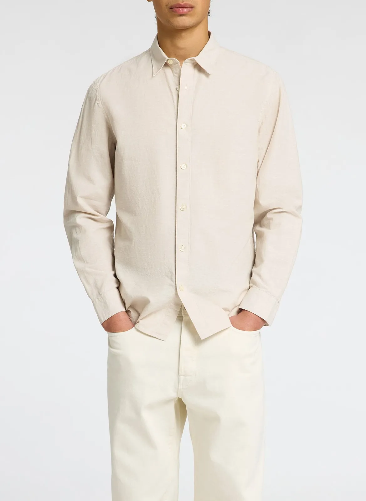 Chemise droite col classique en coton et lin mélangé Beige