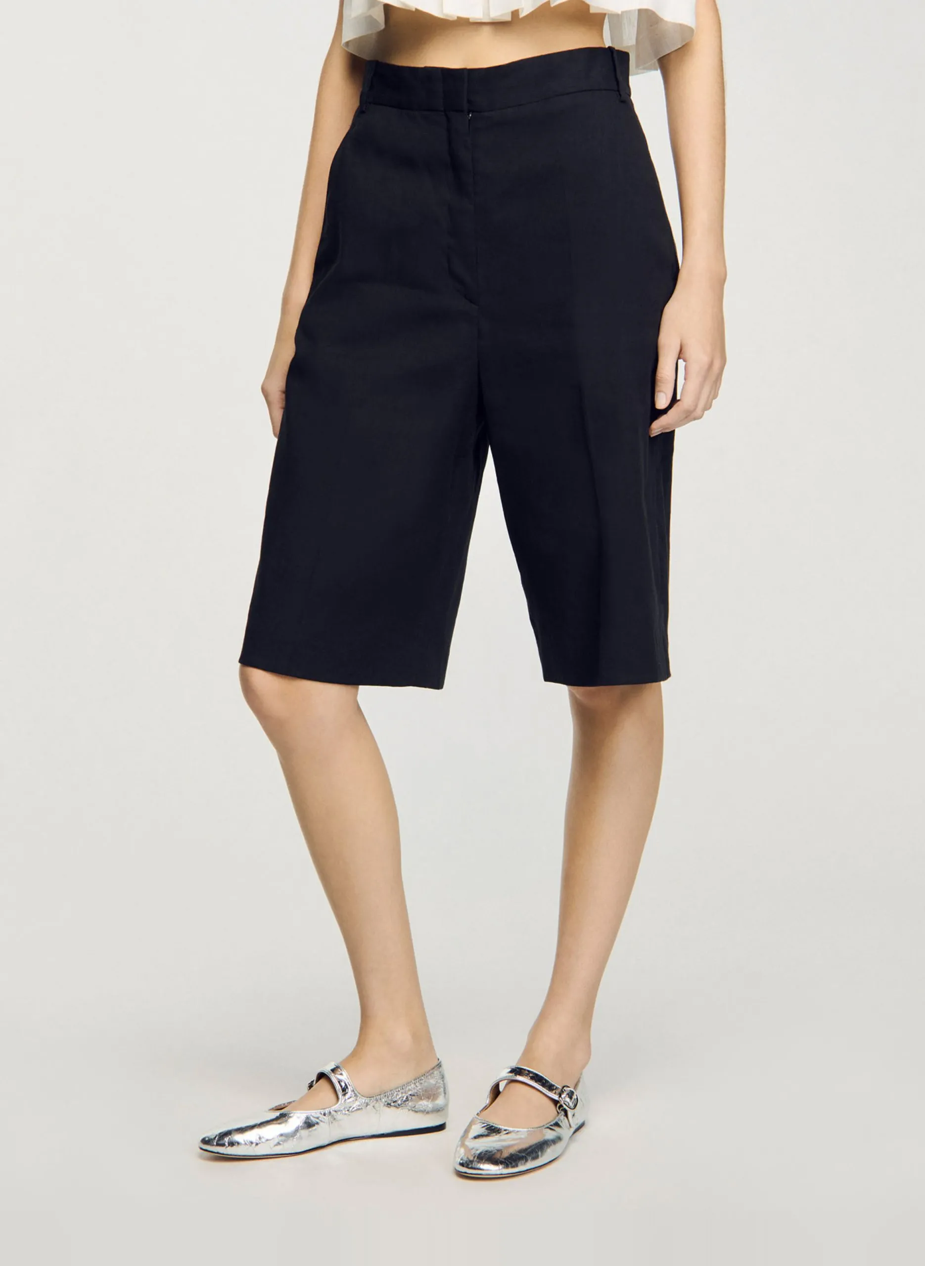 Bermuda droit en lin mélangé Noir