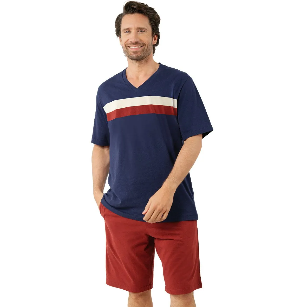 Pyjama court col v homme mercerisé eminence Multicolore