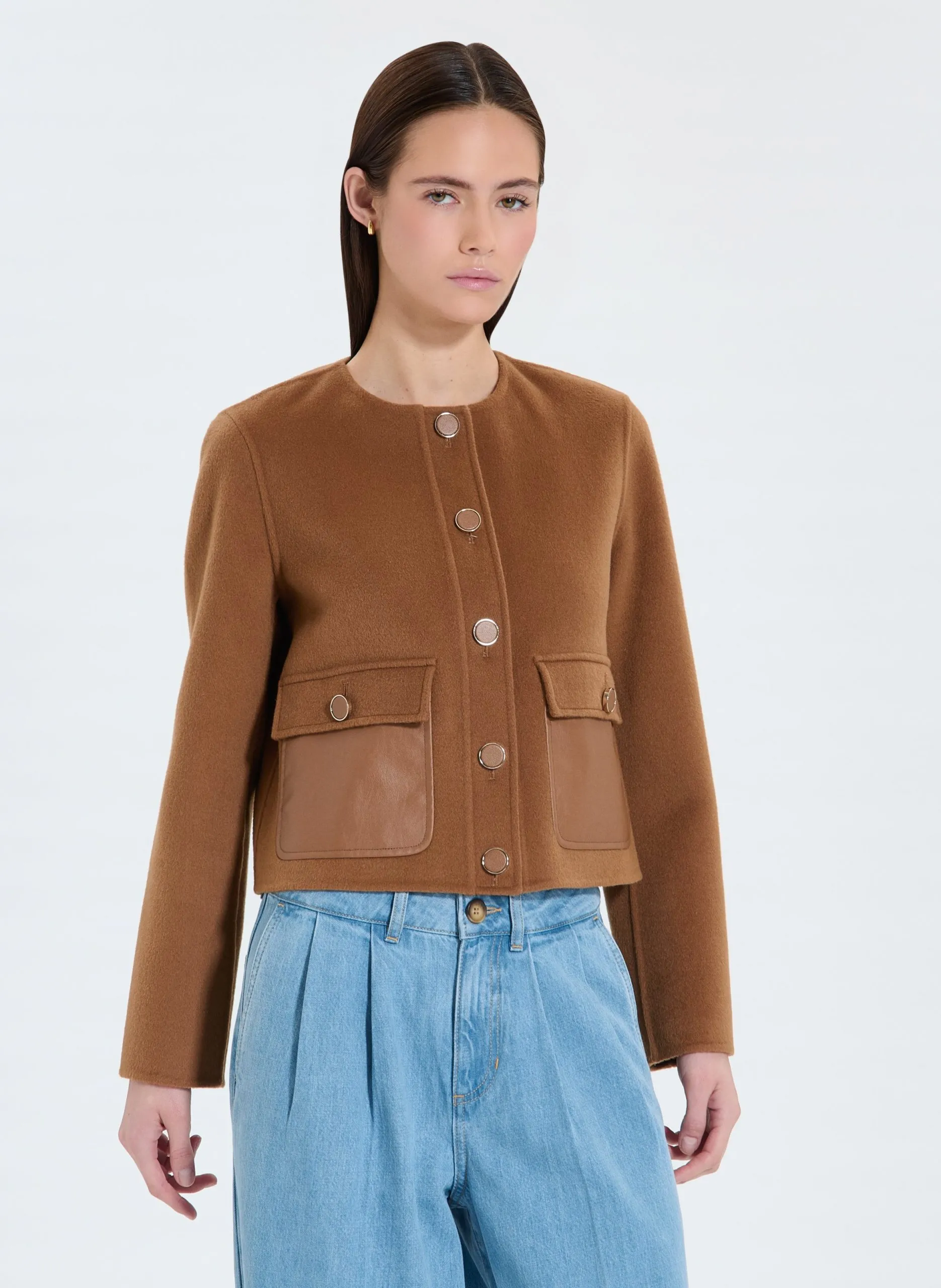 Veste droite en laine mélangée Marron VALINE