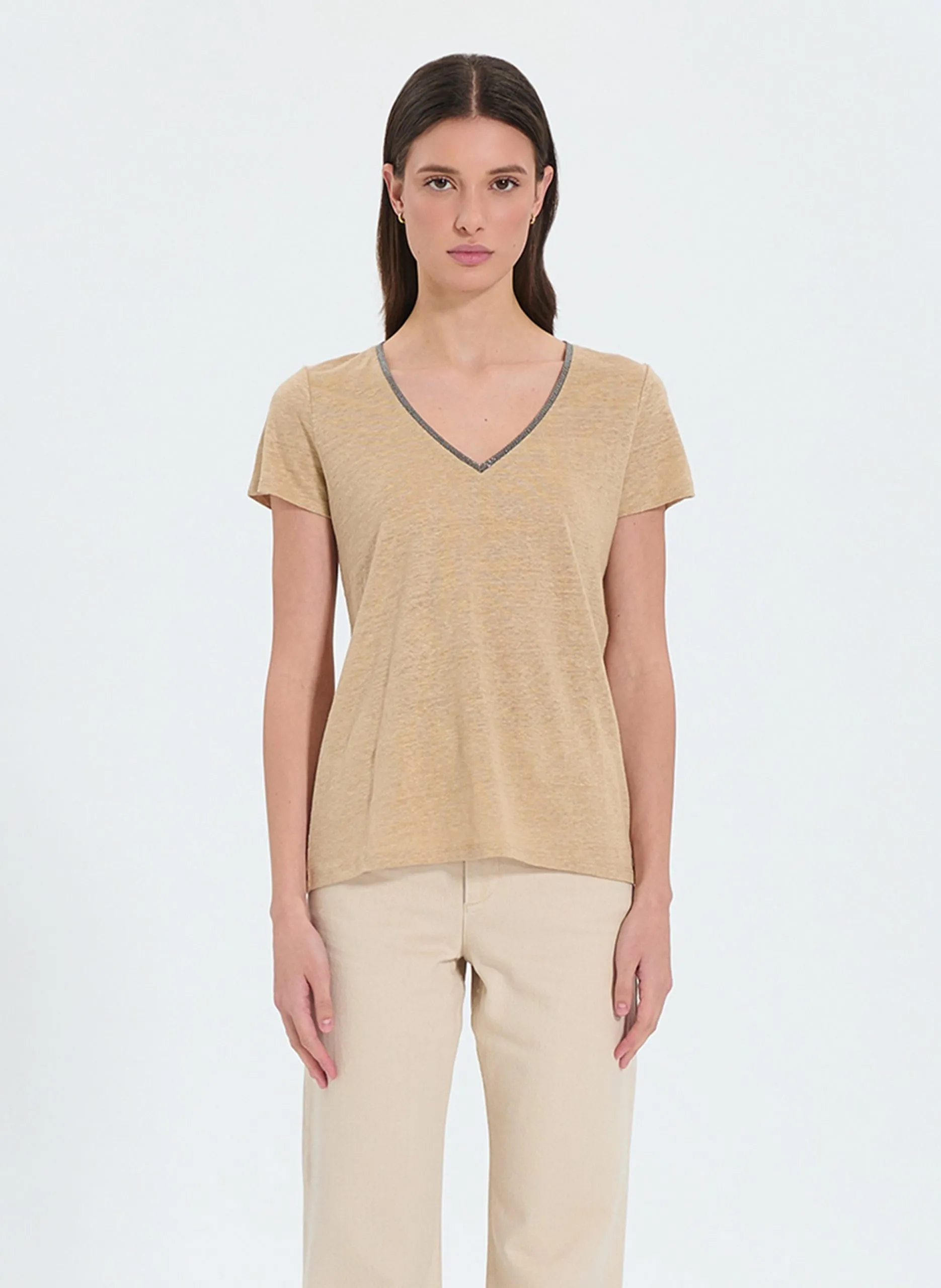 Top droit en lin rayé Beige TASMANIE