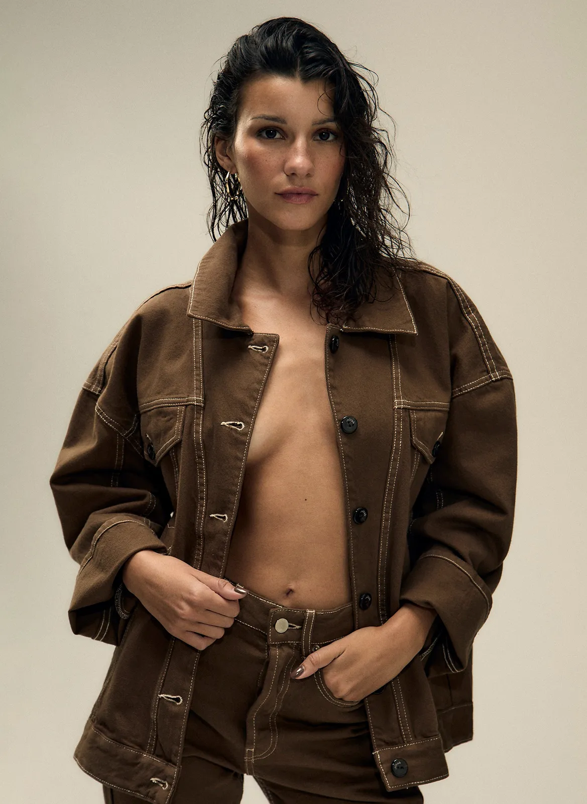 Veste en jean col classique en coton Marron TAMAR