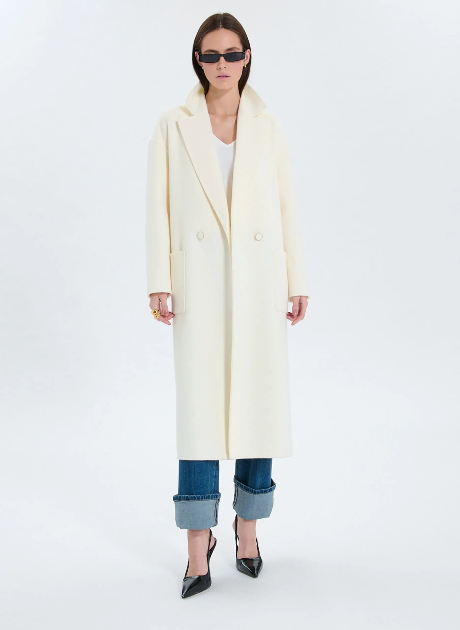 Manteau long col tailleur en laine mélangée Blanc MIRANDA