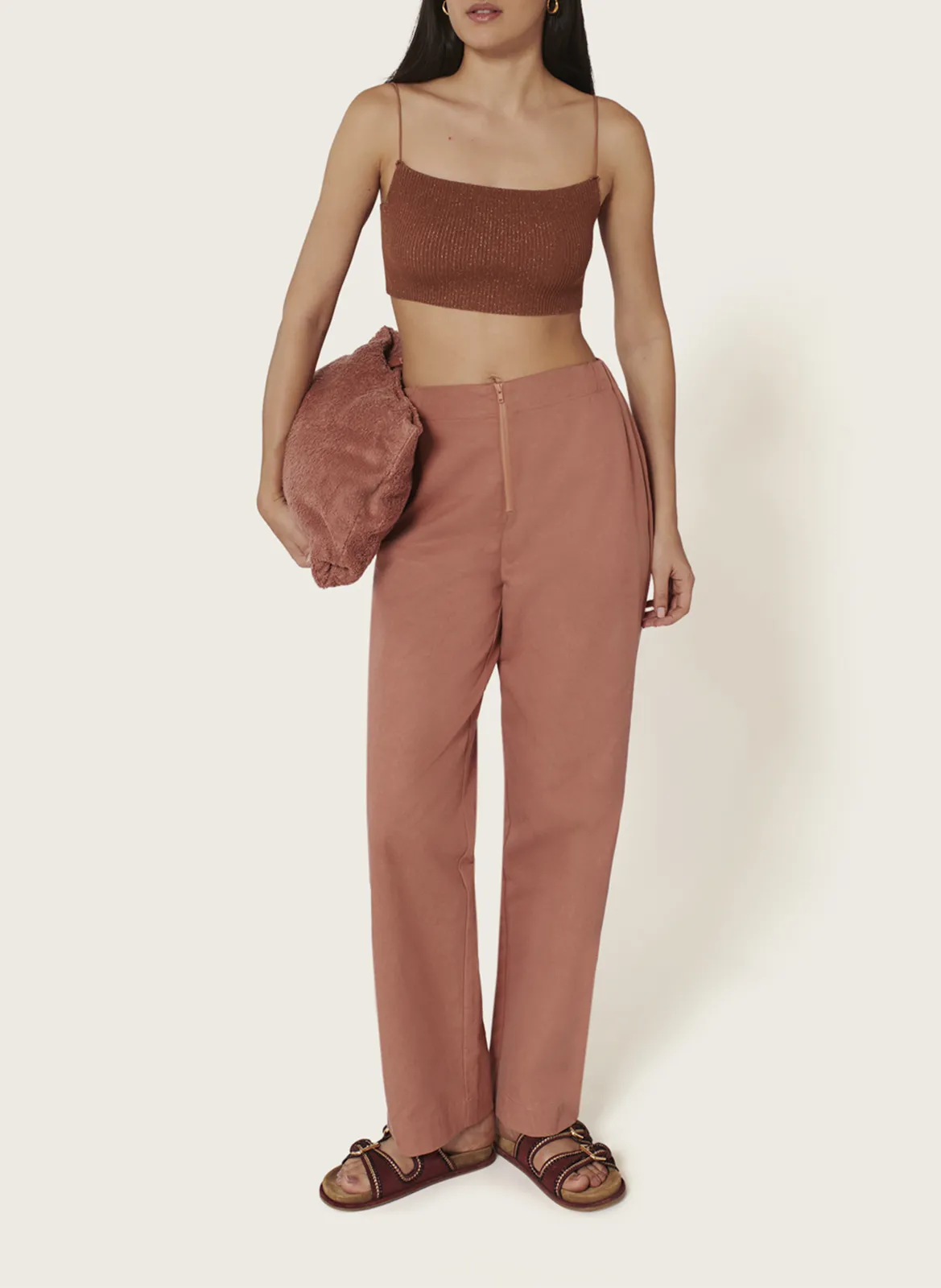 Bandeau à bretelles en maille côtelée Marron MILOU