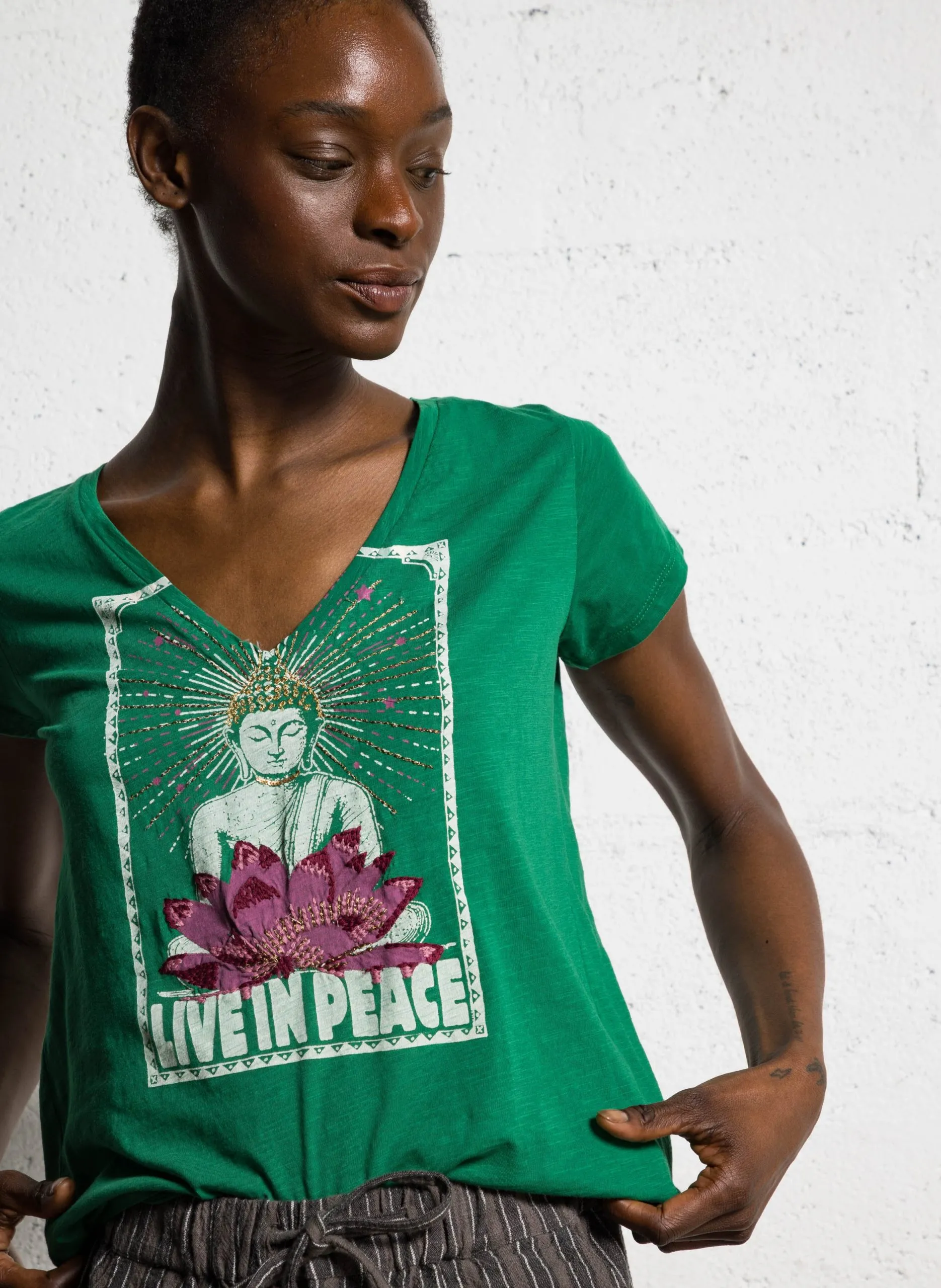 Tee-shirt col V en coton bio Vert TONTON