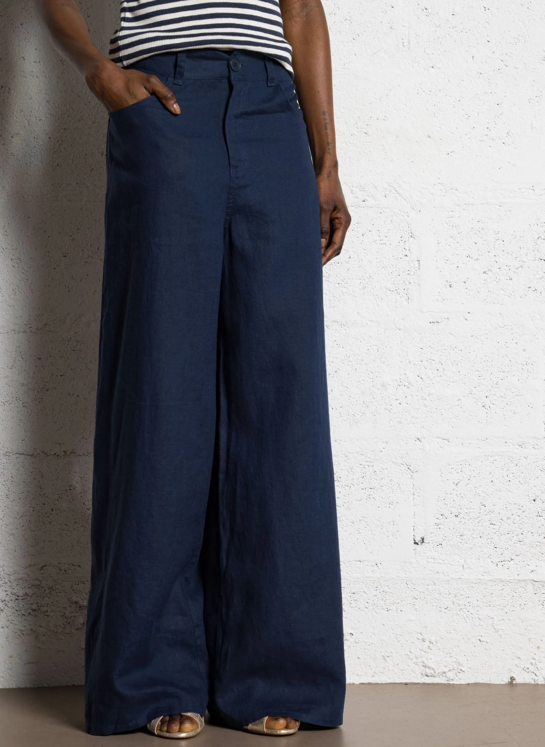 Pantalon large taille haute en lin Bleu NELSY