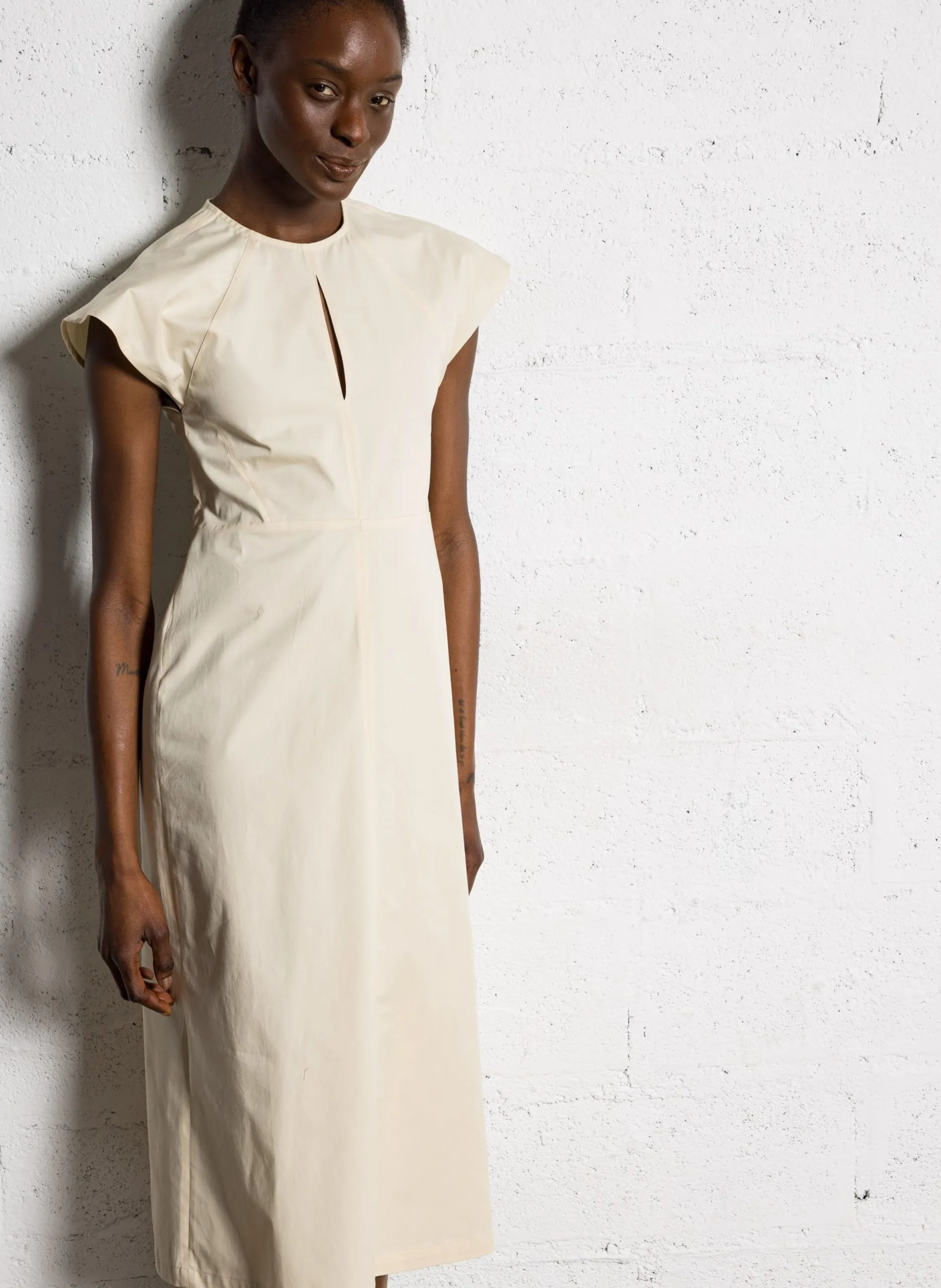 Robe midi col rond en coton mélangé Beige NAZARE