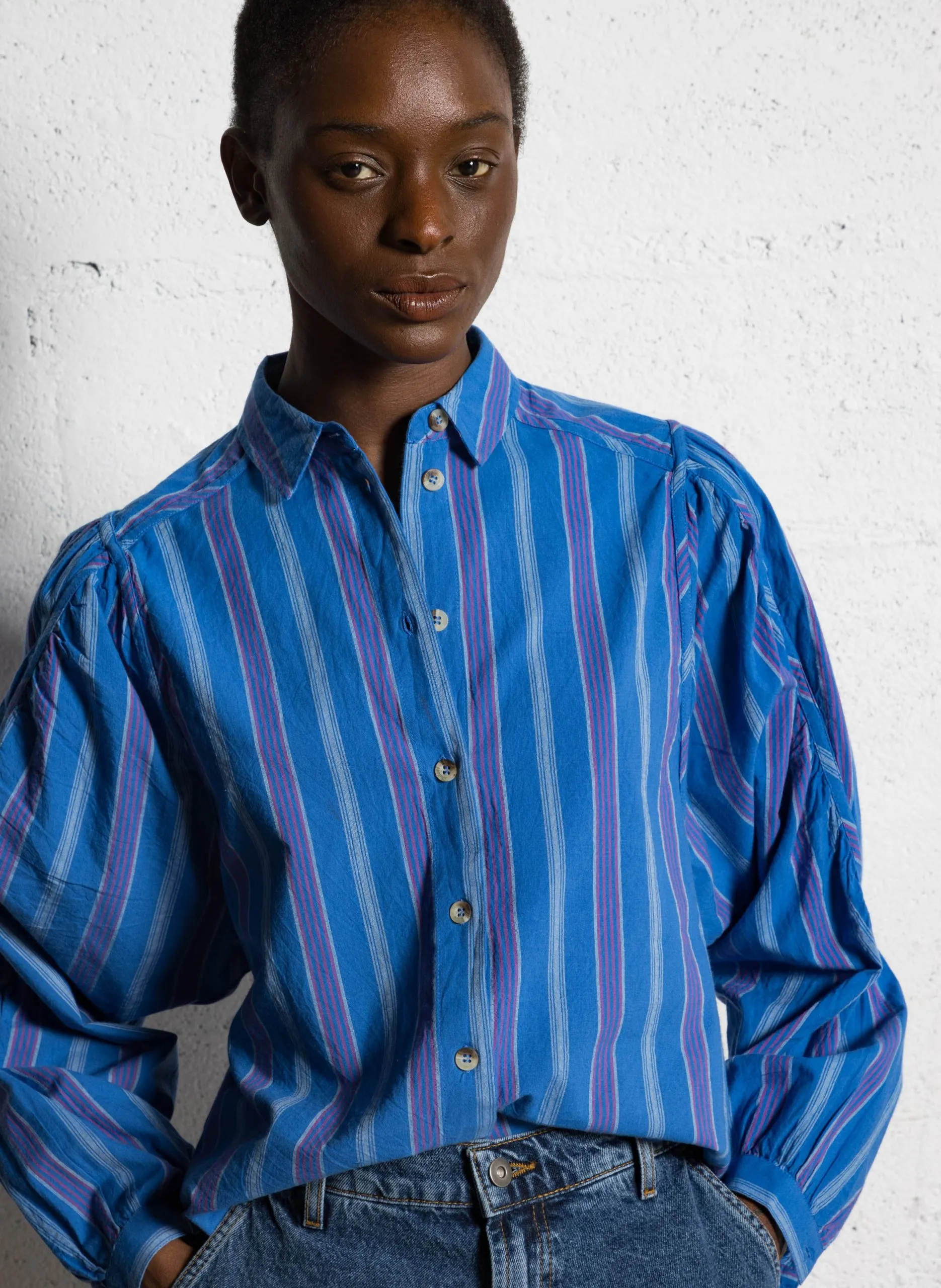 Chemise droite rayée à manches bouffantes Bleu CANDRI