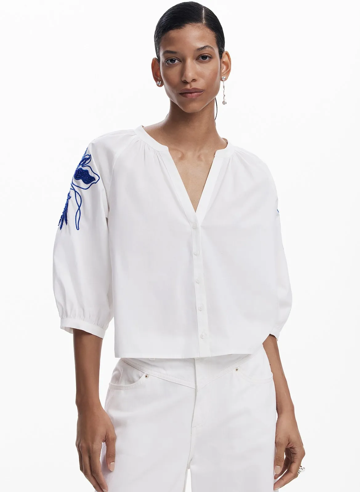 Chemise col V en coton Blanc