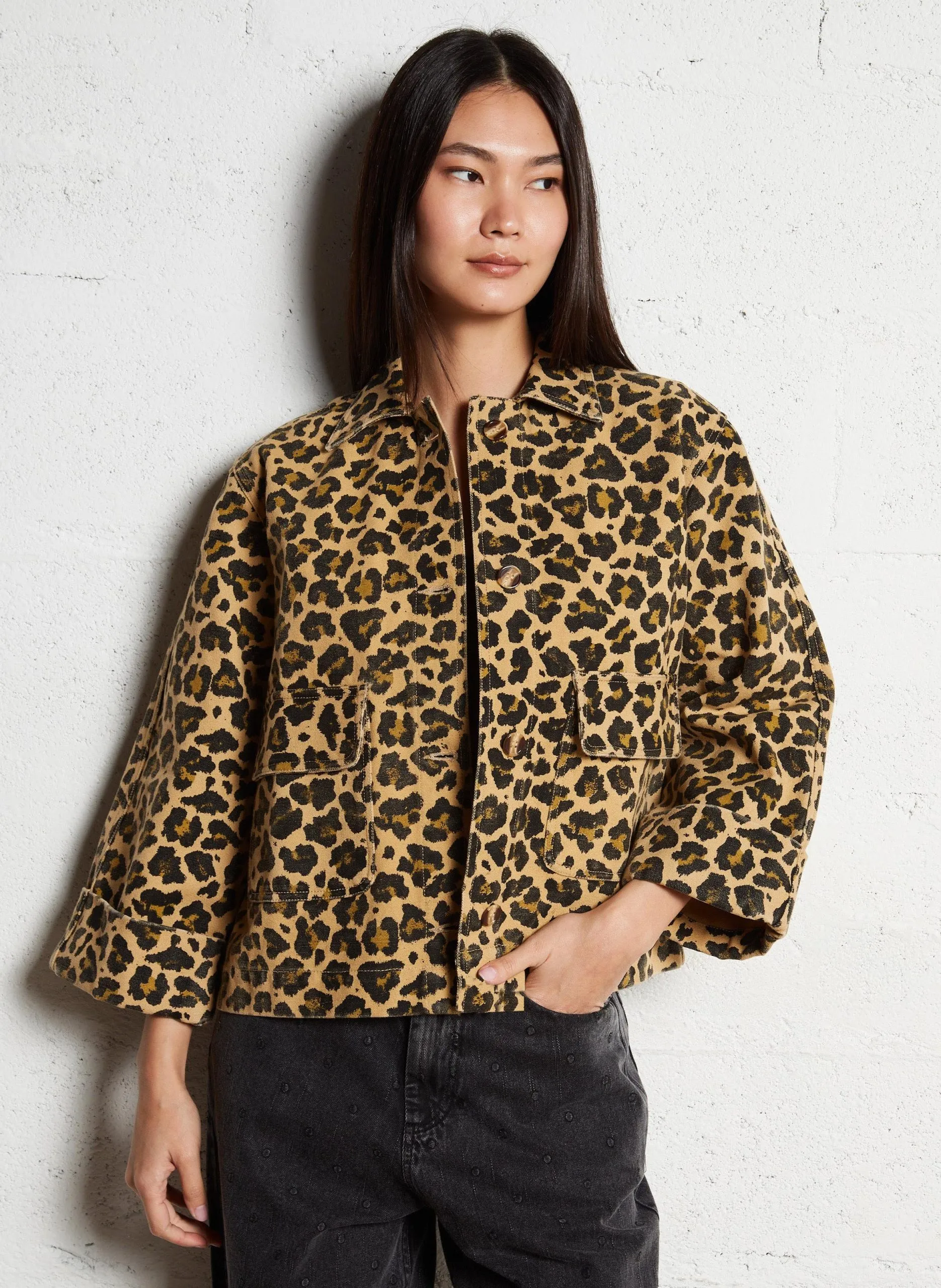 Veste léopard droite en coton bio Beige VINCY