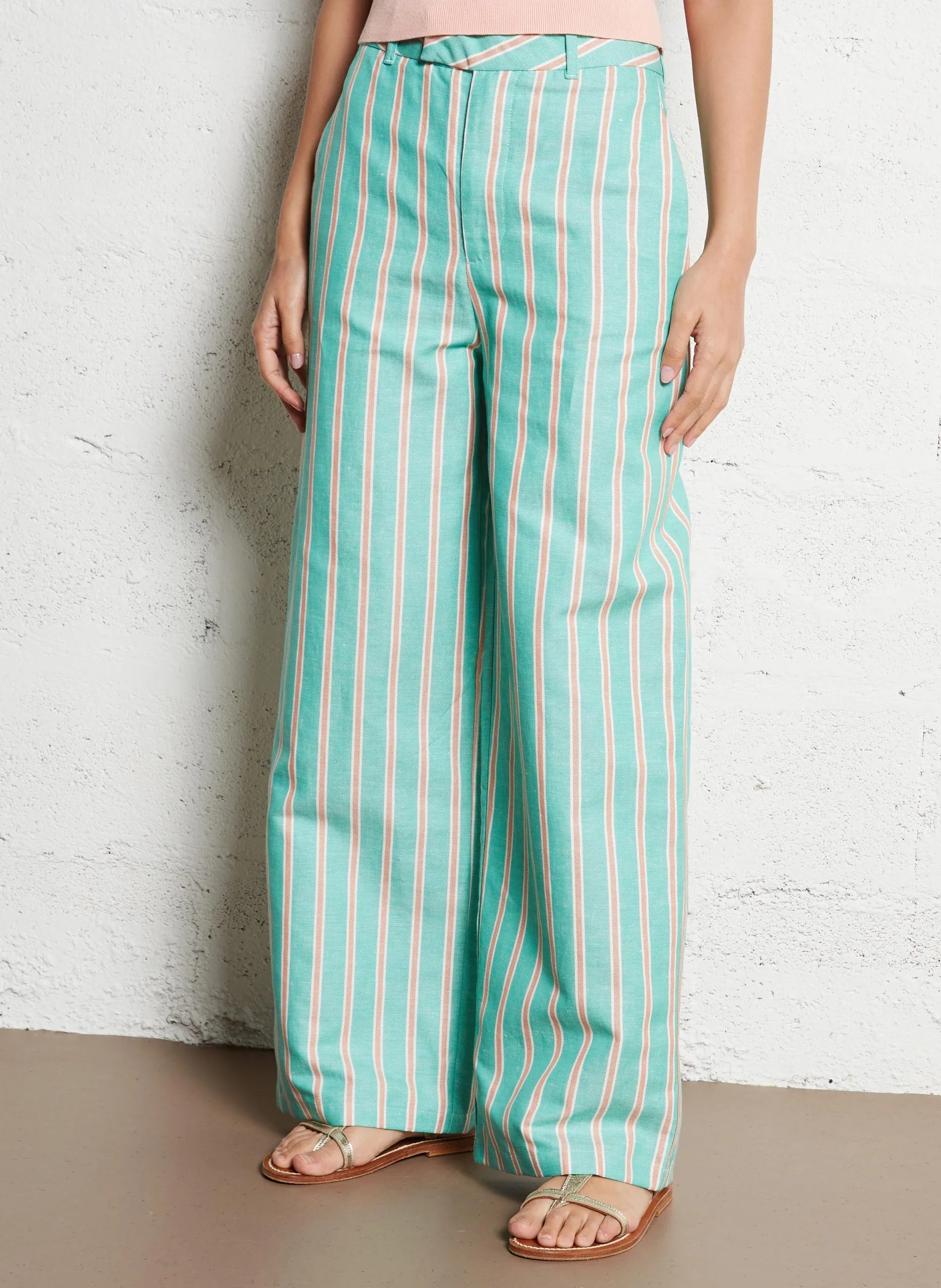 Pantalon large en coton mélangé rayé Vert