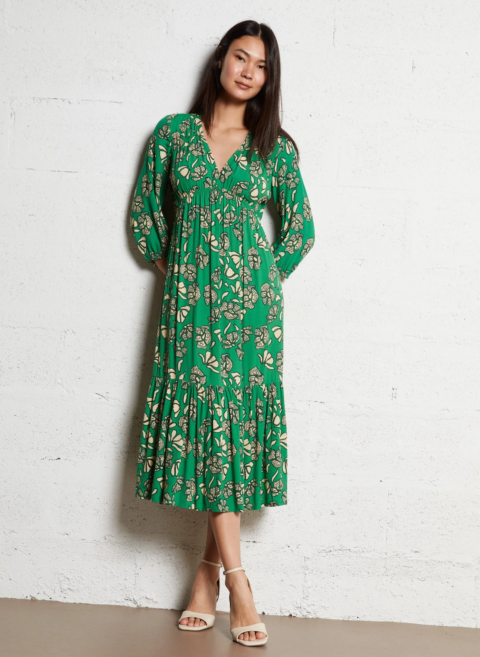 Robe longue col V imprimée Vert AFERAE