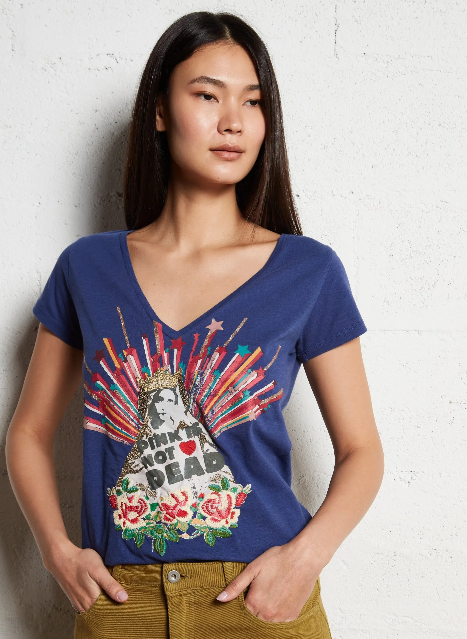 Tee-shirt col V en coton bio Bleu TONTON