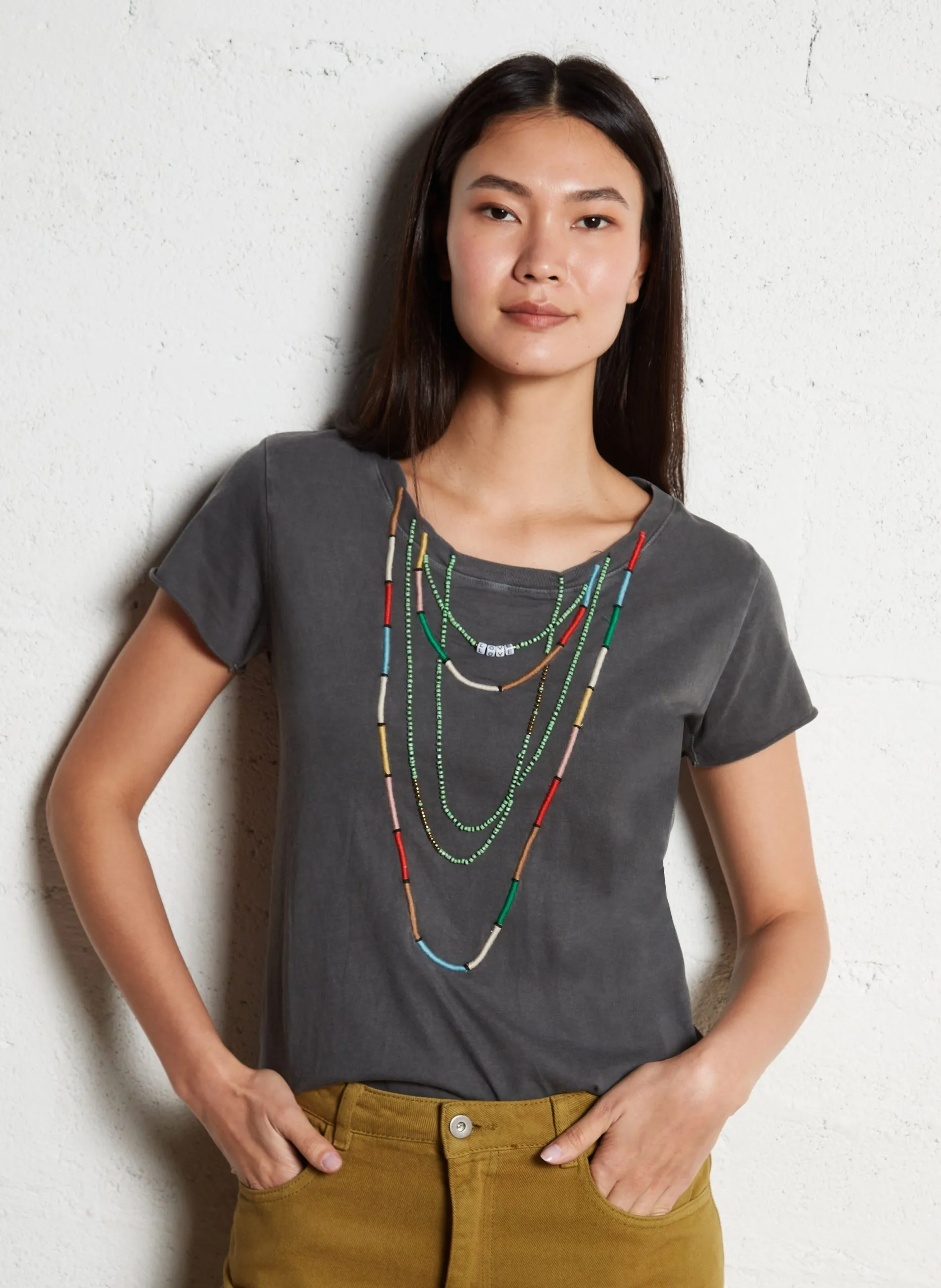 Tee-shirt droit à collier brodé Gris TORO