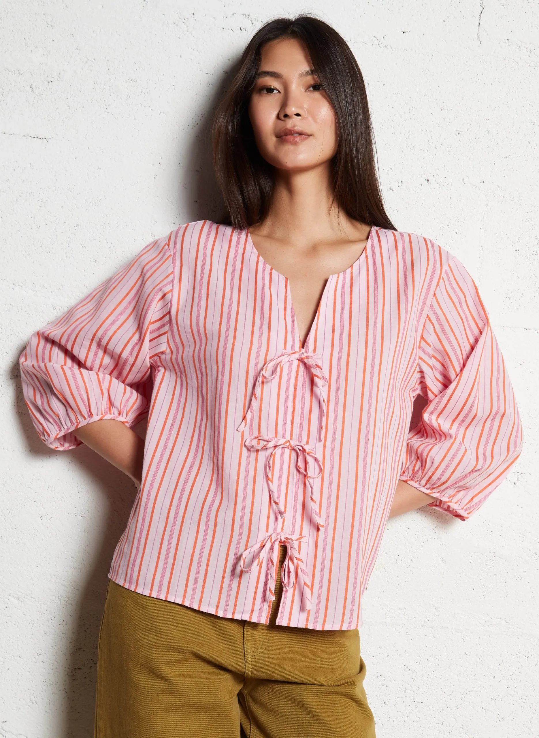 Blouse ample col V en coton Rose ROSSETA