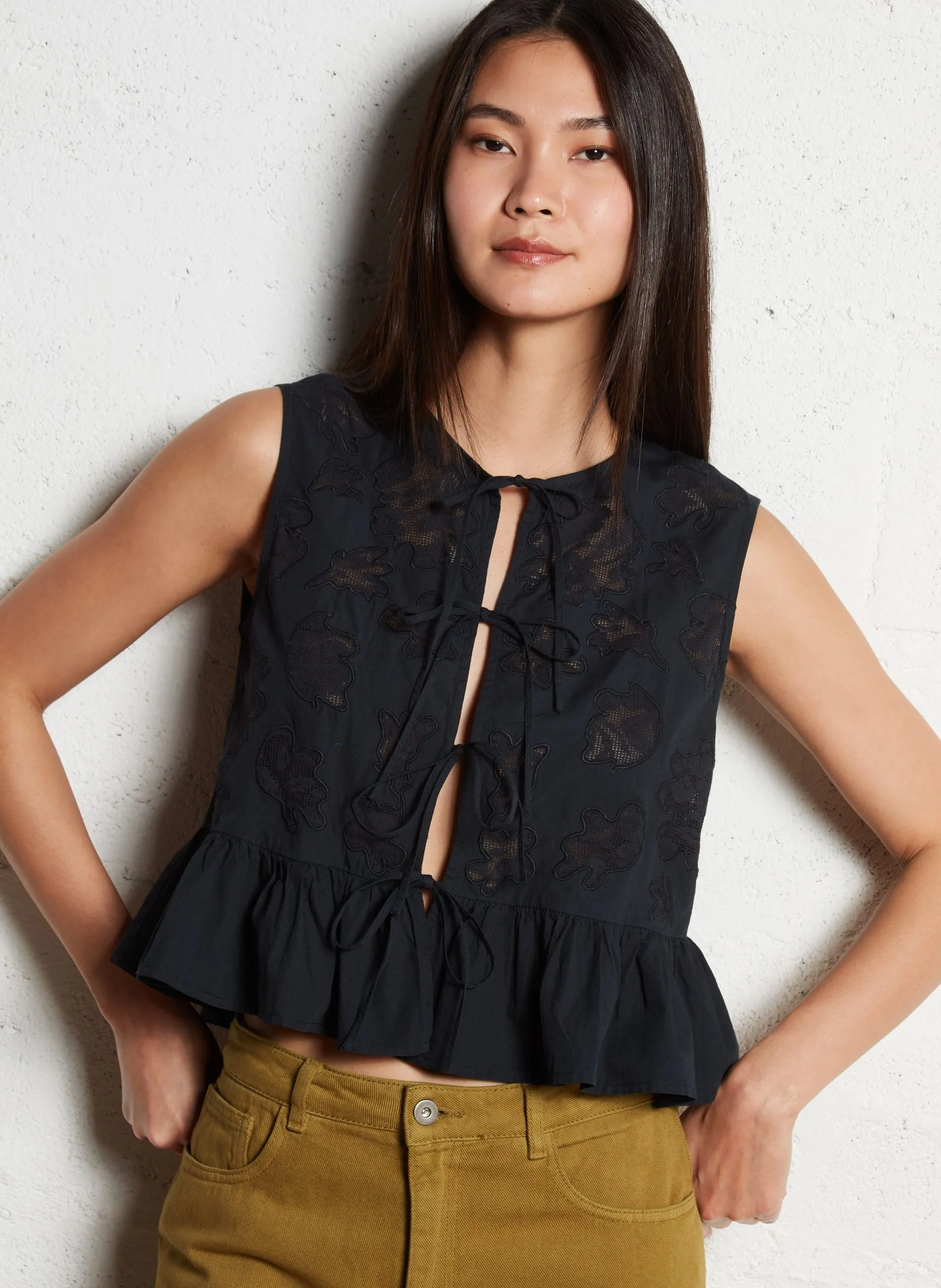 Top col rond en coton Noir DOTTY