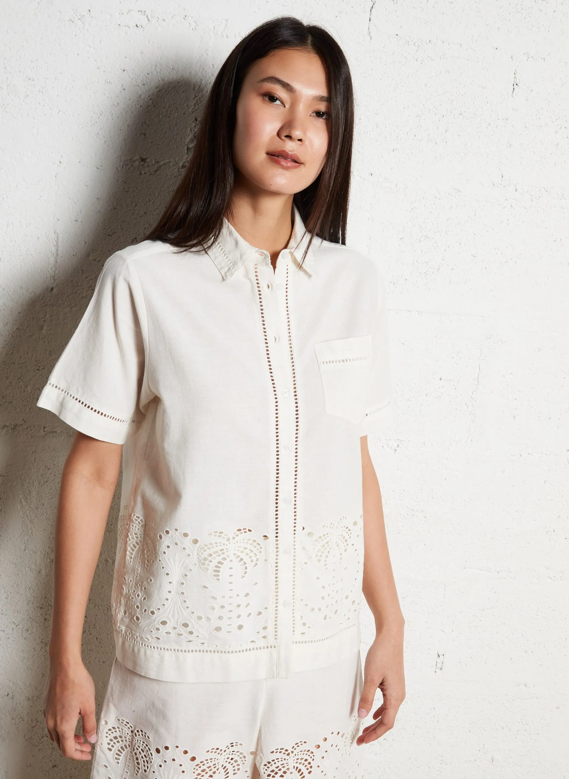 Chemise droite ajourée et brodée Beige TINIA