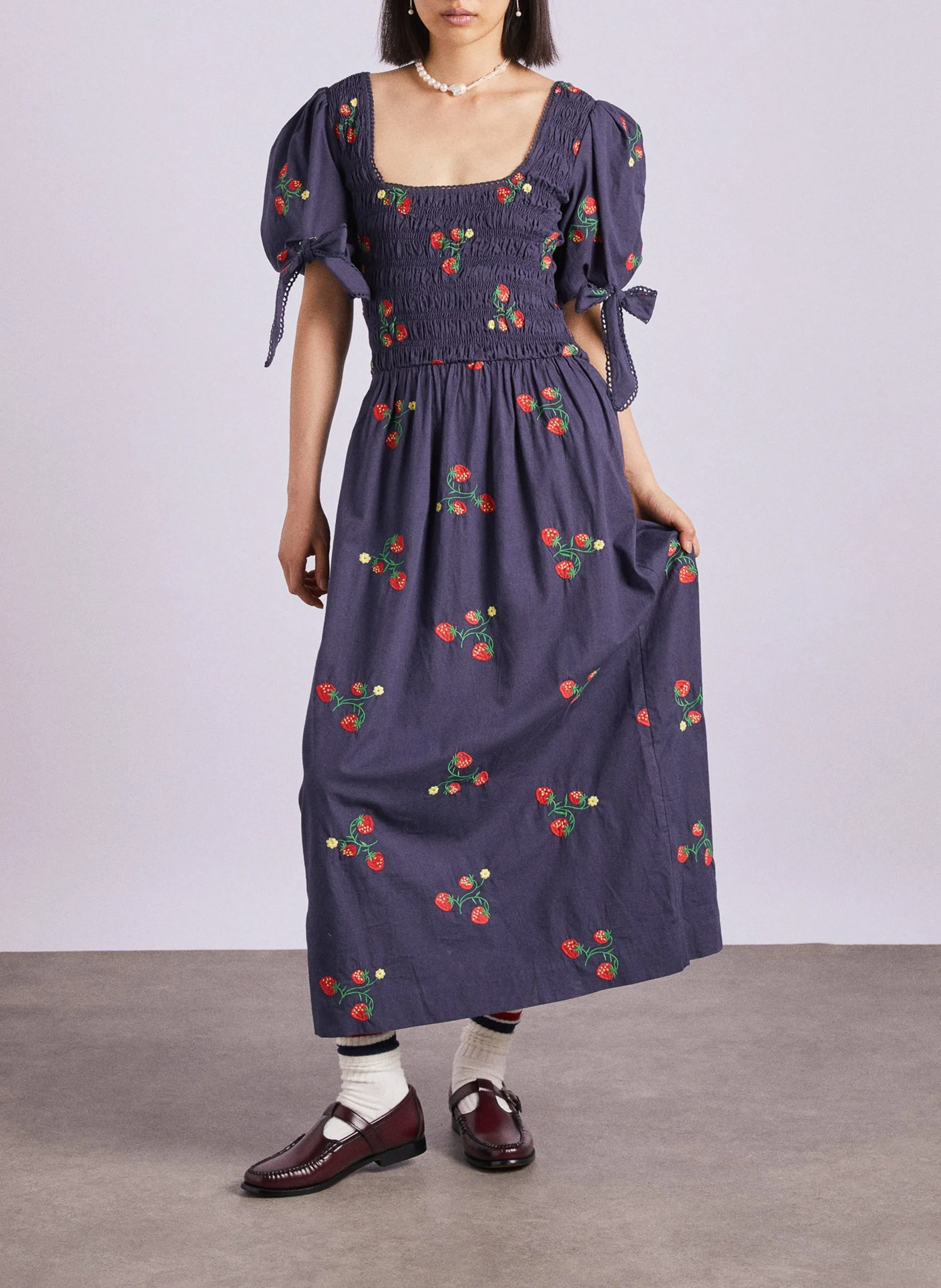 Robe longue en coton brodé Bleu LAUREN